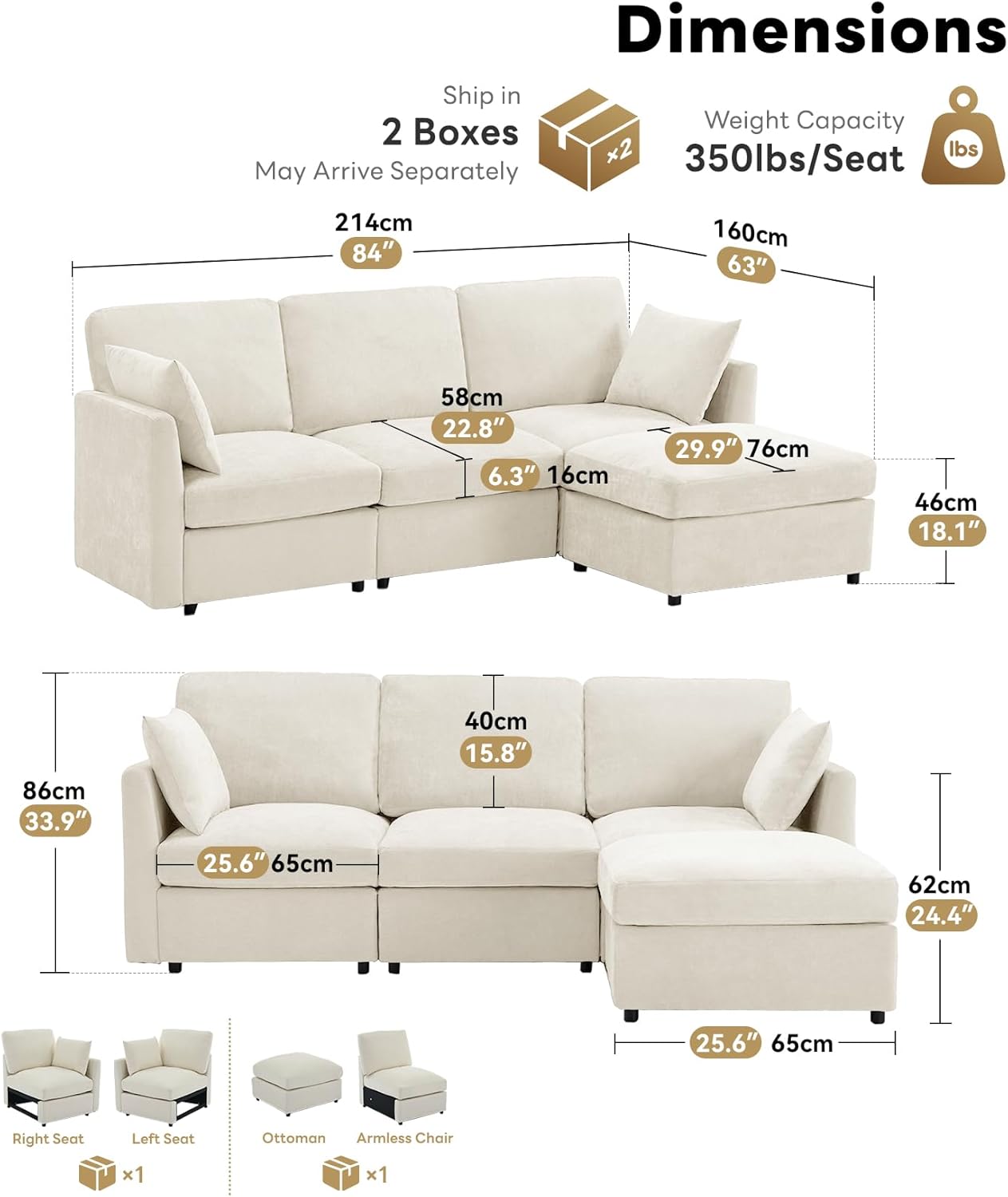 Sectional Cloud Couch for Living Room, Spring Cushion Seating, L Shaped Convertible Modular Sofa with Ottoman, Beige | Movable, Balanced Comfort, Soft-Strong Chenille, Apartment-Friendly