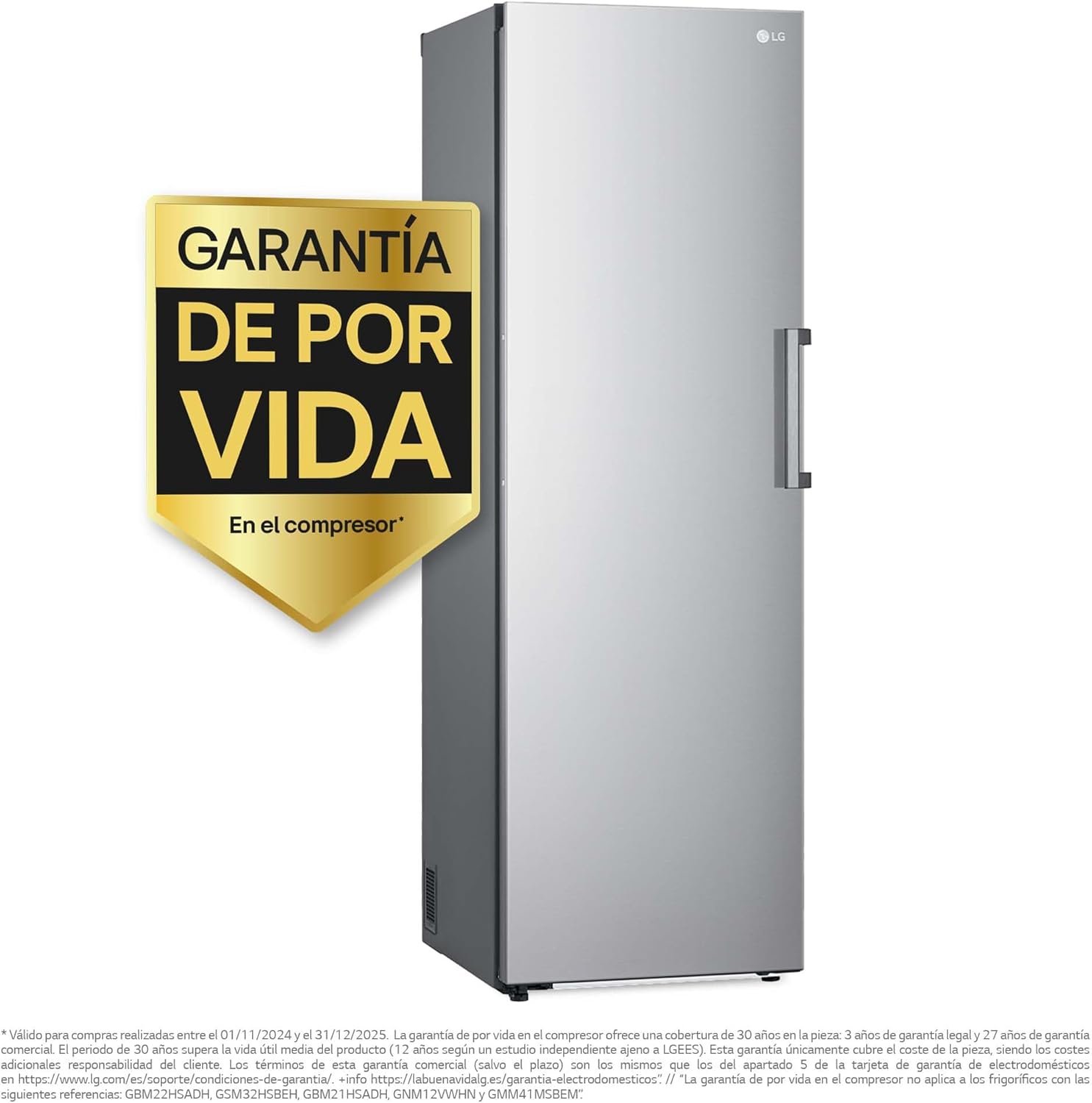 LG GFT41PZGSZ - Congelador No Frost Total, 1 Puerta, Compresor Smart Inverter, de 355 L y 186 cm, Congelador Vertical con Funcion de Congelacion Rapida, Color Inox