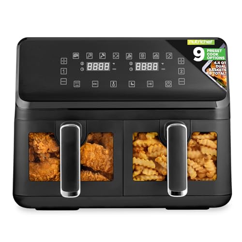 Nutrichef Double Basket Air Fryer 8.8 QT | Family Size Oil Free Airfryer with Transparent Window | 9 1 Preset Cooking Options | 360° Hot Air Circulation Technology | 4.4 QTs per Basket | Black : Home & Kitchen