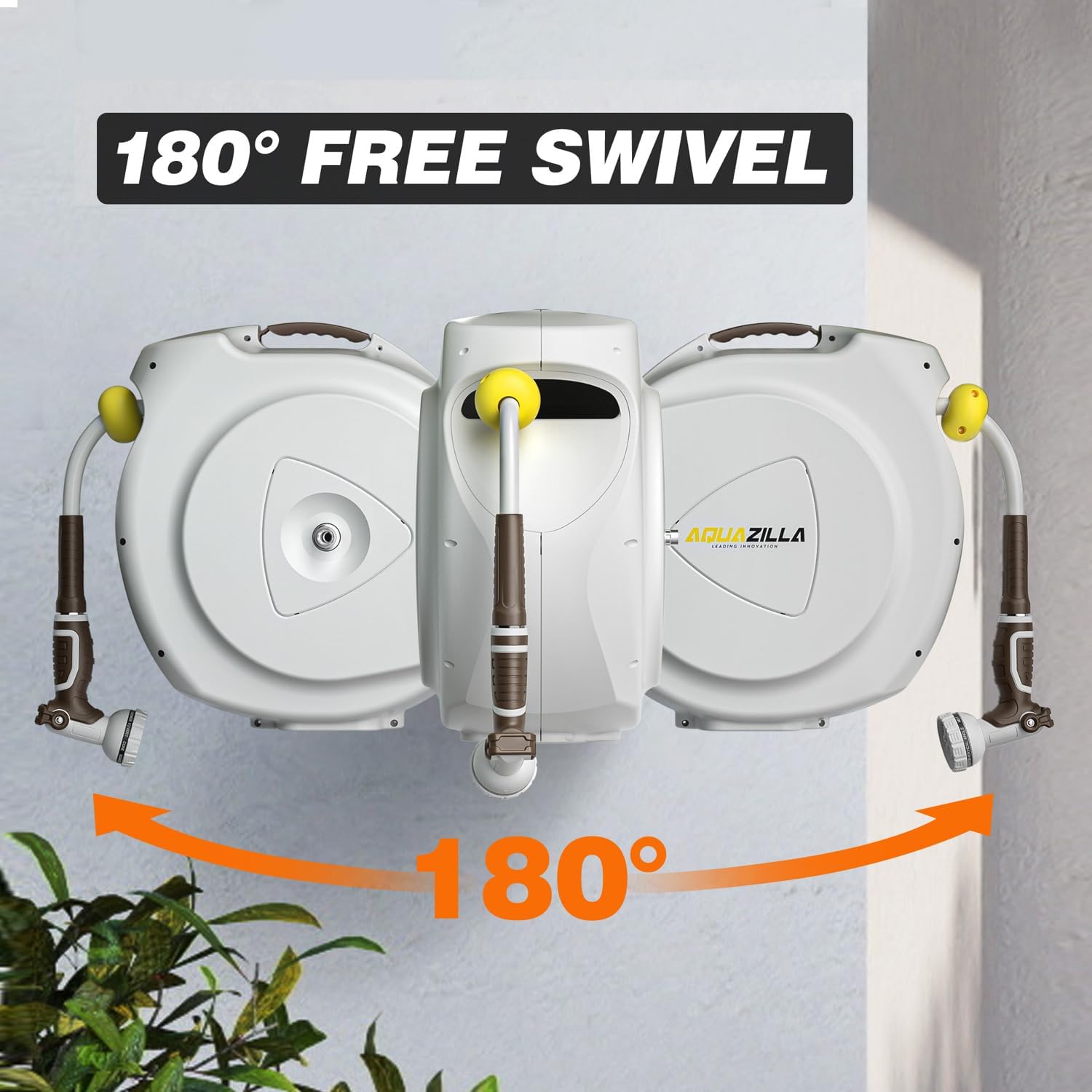 Retractable Garden Hose Reel  5/8 in 100+6 ft  Heavy Duty Wall Mounted Water Hose Reel  Spring Power Automatic Rewind  Any Length Lock  180° Swivel Bracket  10 Pattern Spray Nozzle
