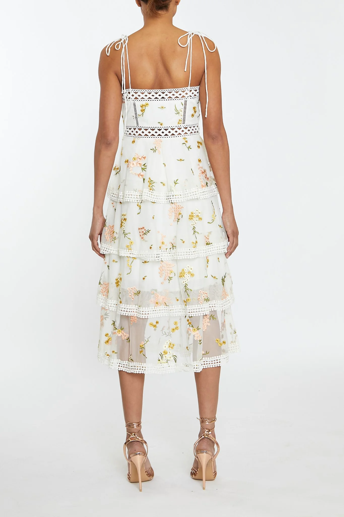 Nude-Pink Embroidery Strappy Tiered Midi-Dress