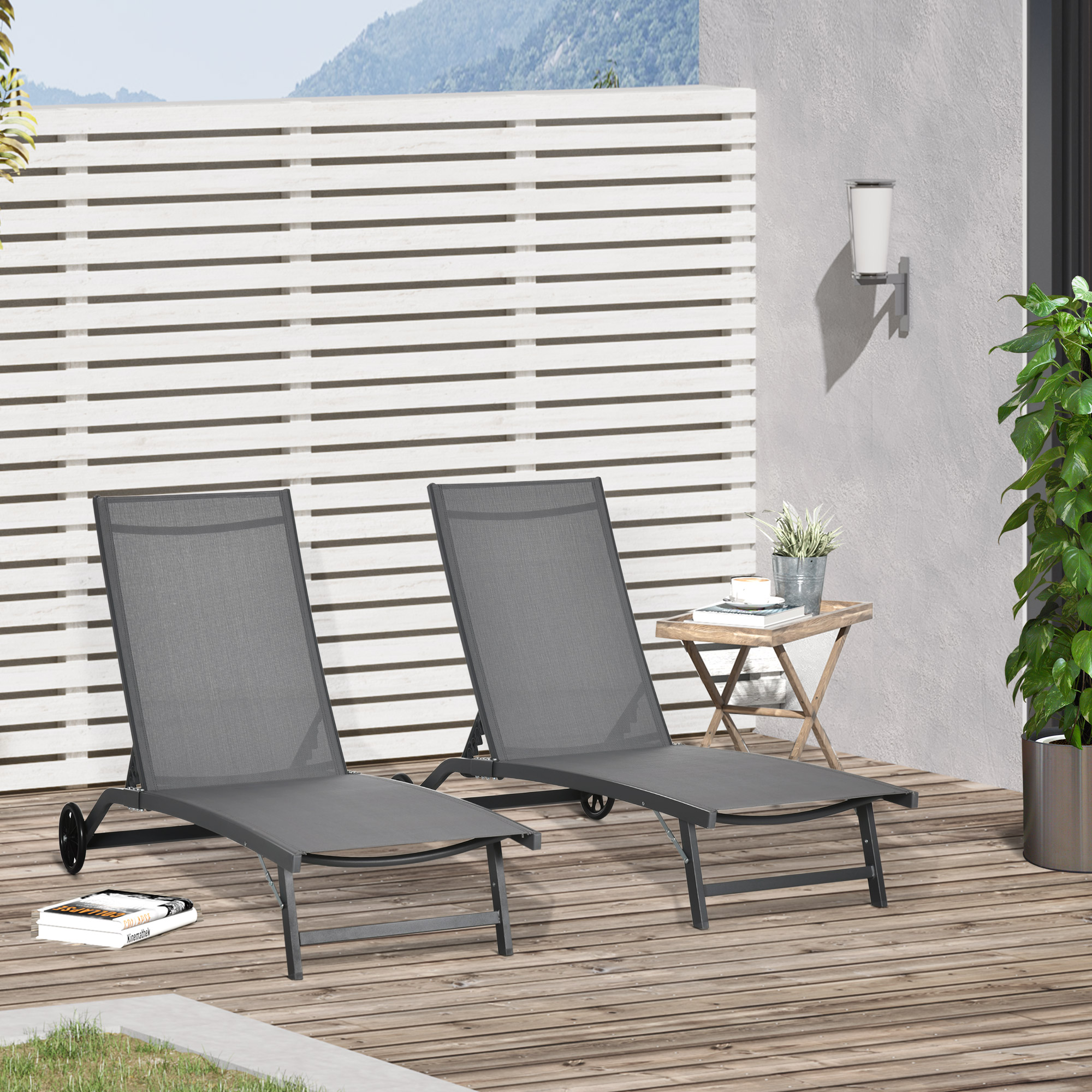 Outsunny Set aus 2 Sonnenliegen aus Aluminium und Textilene mit Rollen verstellbare Rückenlehne maximale Belastung 150 kg Dunkelgrau