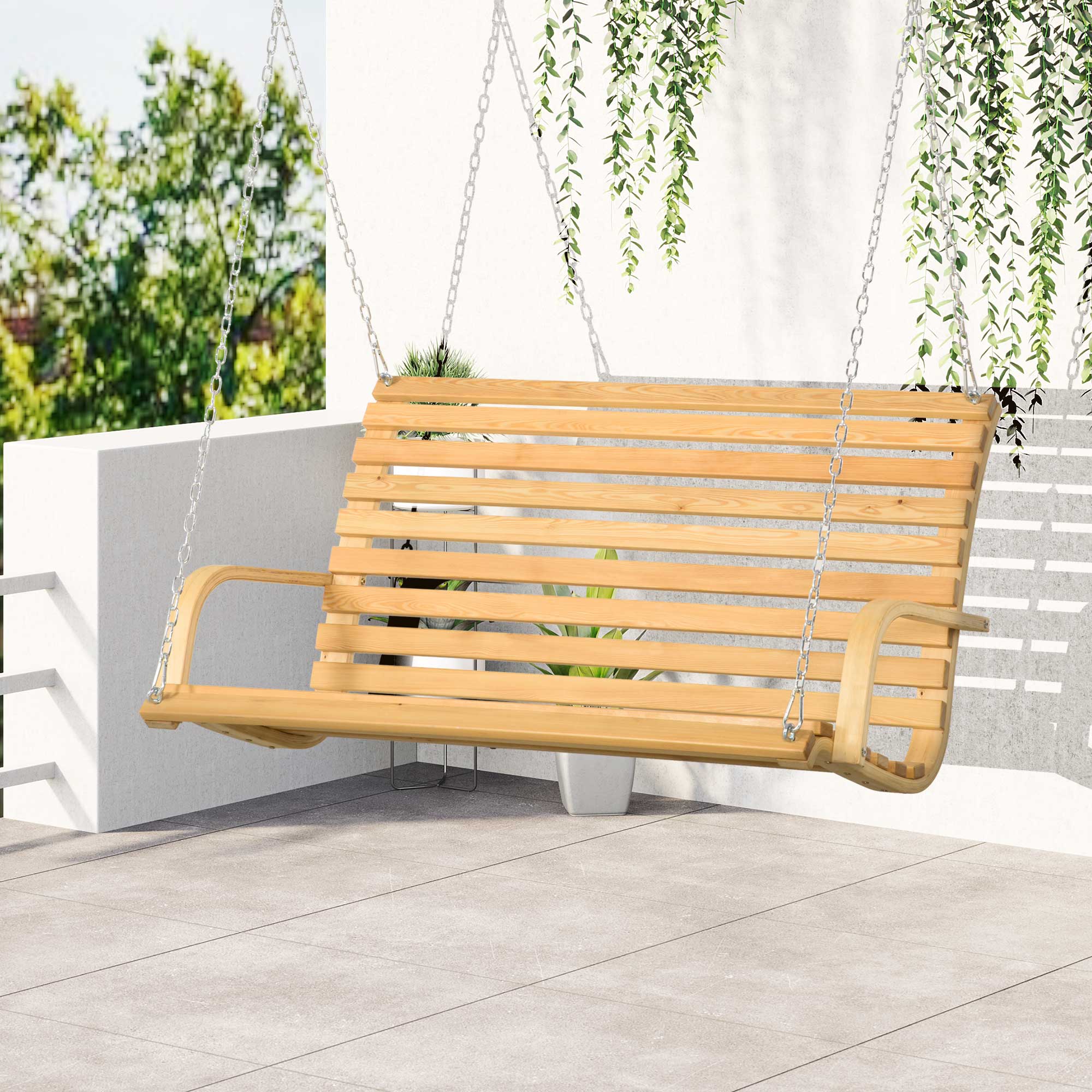 Outsunny Garten Schaukelbank für 2 Personen aus Holz mit Latten Sitz und Rückenlehne Ketten inklusive natur