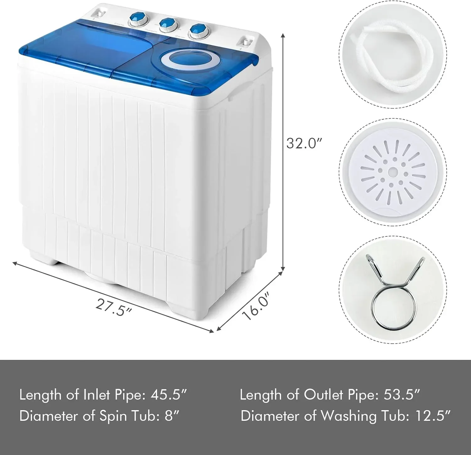 COSTWAY Double Tub 26 lb Capacity Laundry 18 lb 8 lb Spin Combo Drain Pump Washing Machine