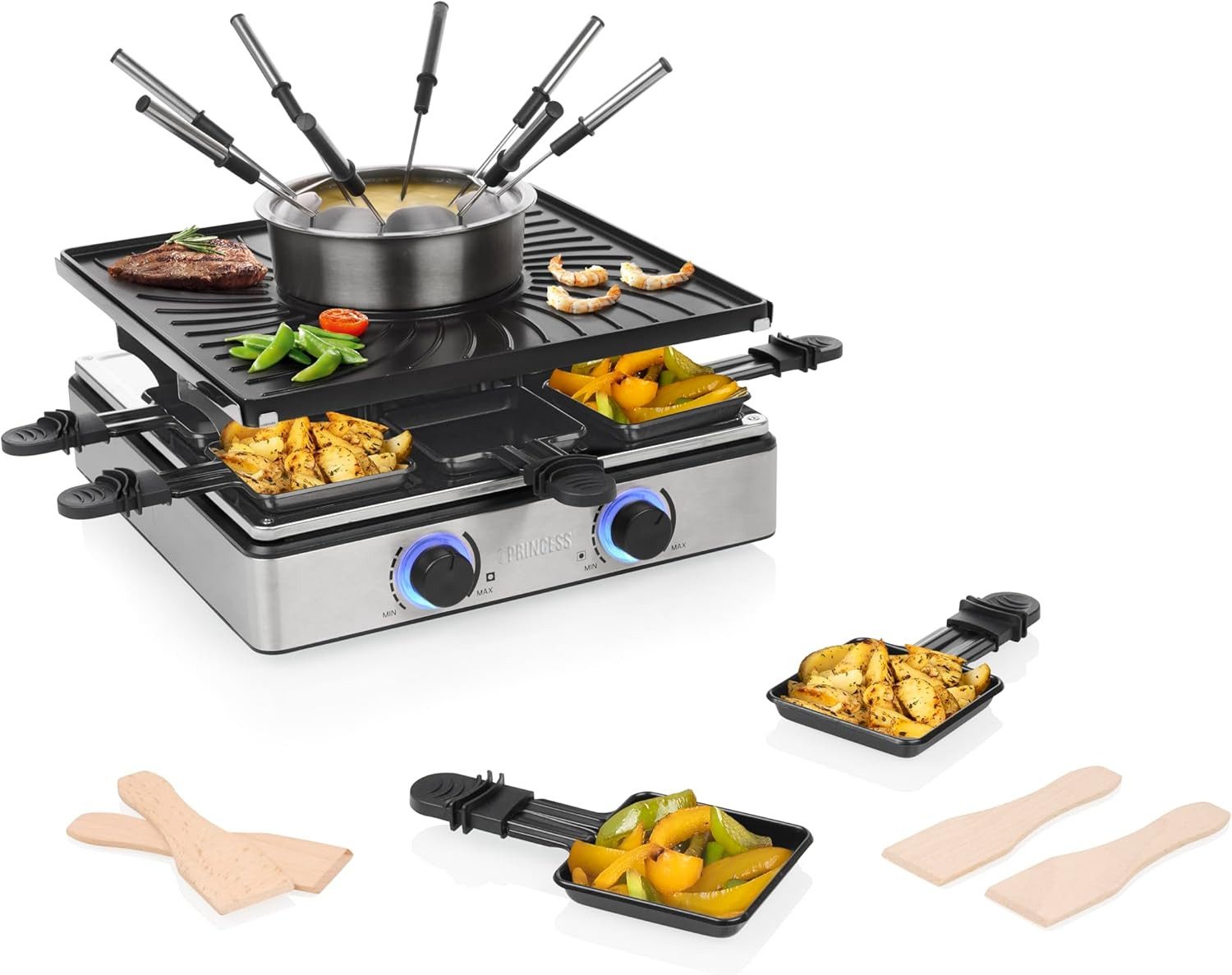 Raclette Princess 162670 Raclette & Fondue – 5‑in‑1 – Für 8 Personen – Zwei The