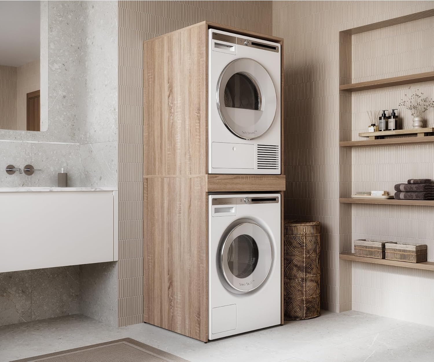 PLATAN ROOM Waschmaschine Trockner Schrank mit Ausziehbrett • Waschmaschinenschrank für Waschmaschine & Wäschetrockner • Überbauschrank 187 x 65 x 66 cm (Eiche Sonoma)