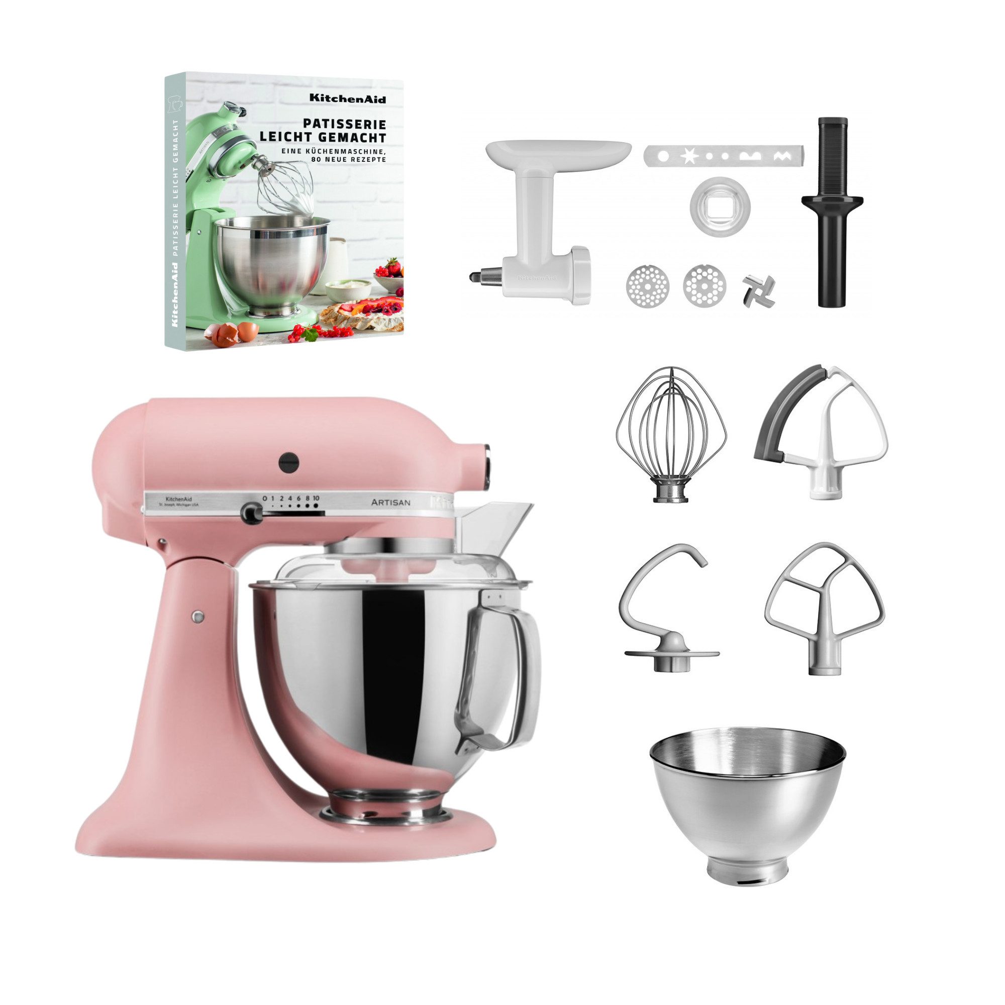 Küchenmaschine KitchenAid 4,8l 5KSM175 Artisan Fleischwolf, Spritzgebäckvorsatz, Buch