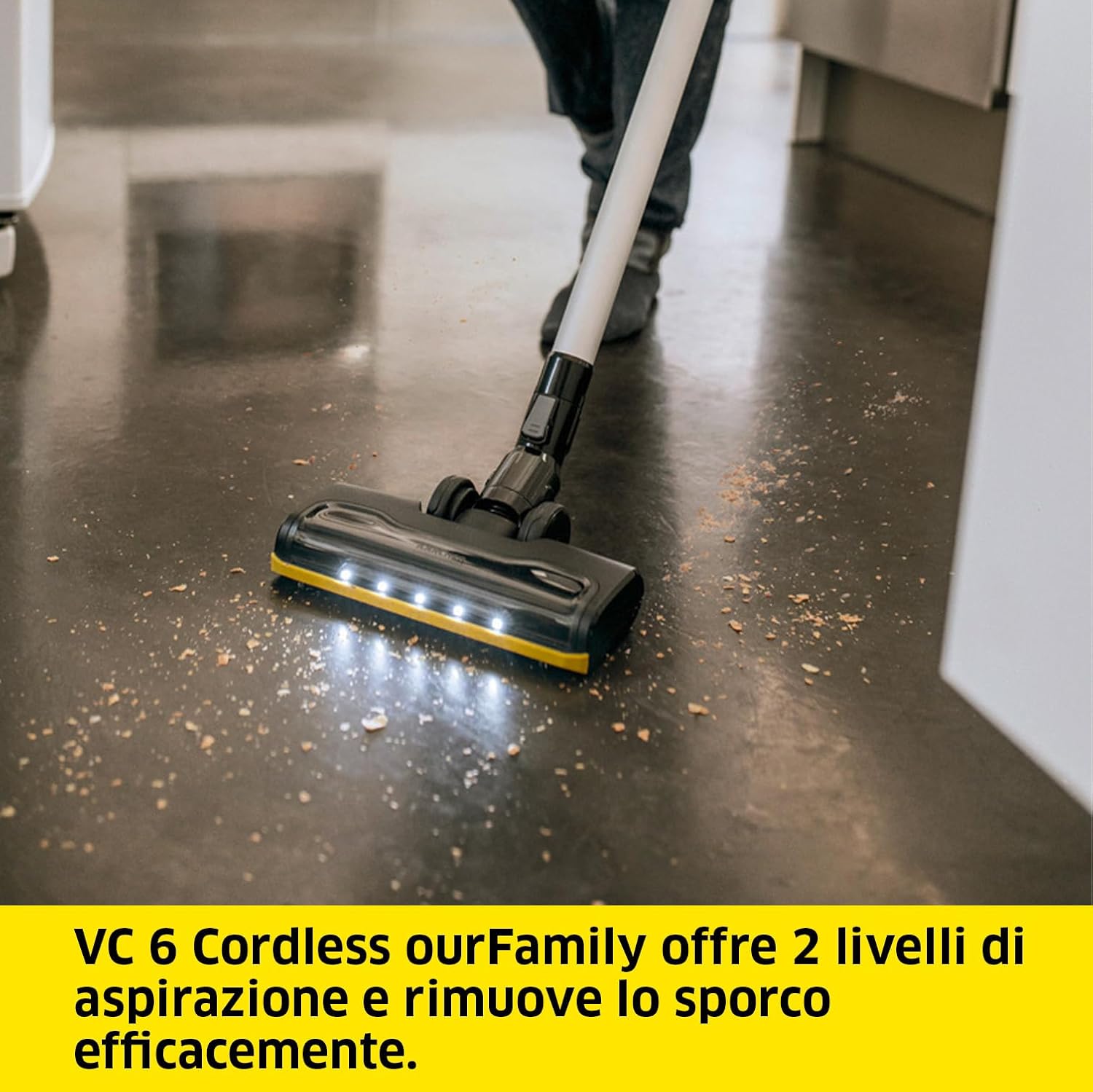 Kärcher Aspirapolvere senza fili VC 6 Cordless ourFamily, 2 livelli di aspirazione, 50 minuti di autonomia, peso: 2,8 kg, batteria da 25,2 V, supporto a parete con funzione di ricarica
