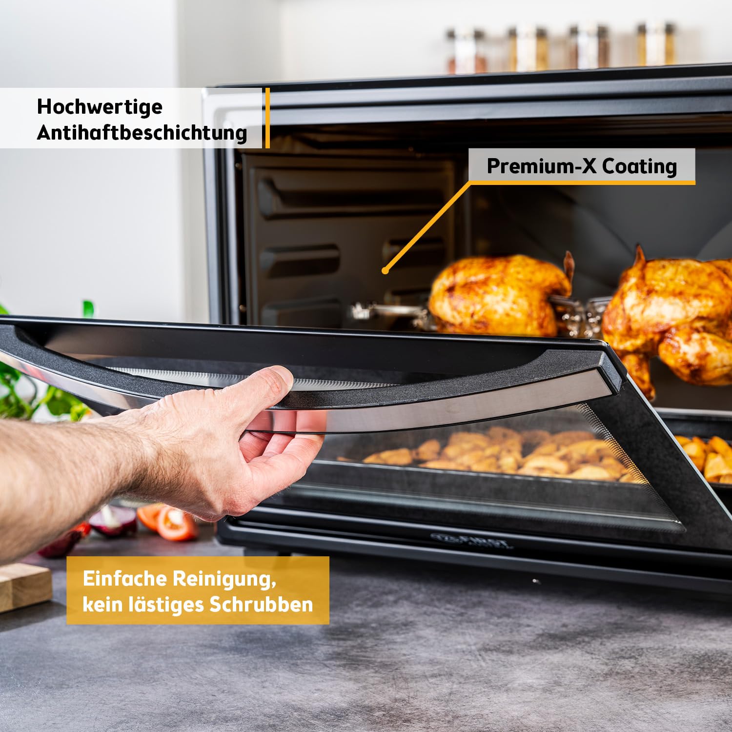 Minibackofen 60 L mit Umluft und Drehspieß, 2000 W, bis 230 °C, 60-Min-Timer, 4 Einschubhöhen, Backblech, Grillrost