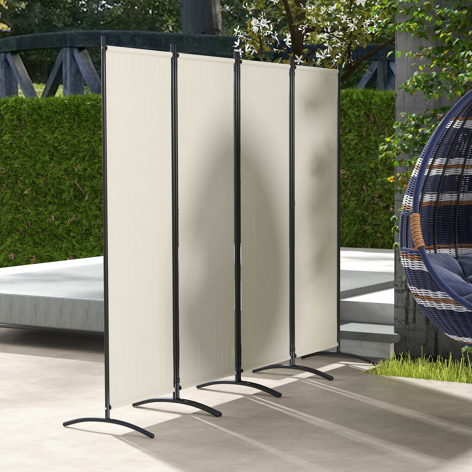 Outsunny Paravent 221 x 172 cm 4-Panel Outdoor-Paravent mit breiten Füßen aus 180 g/m² Polyesterstoff Creme