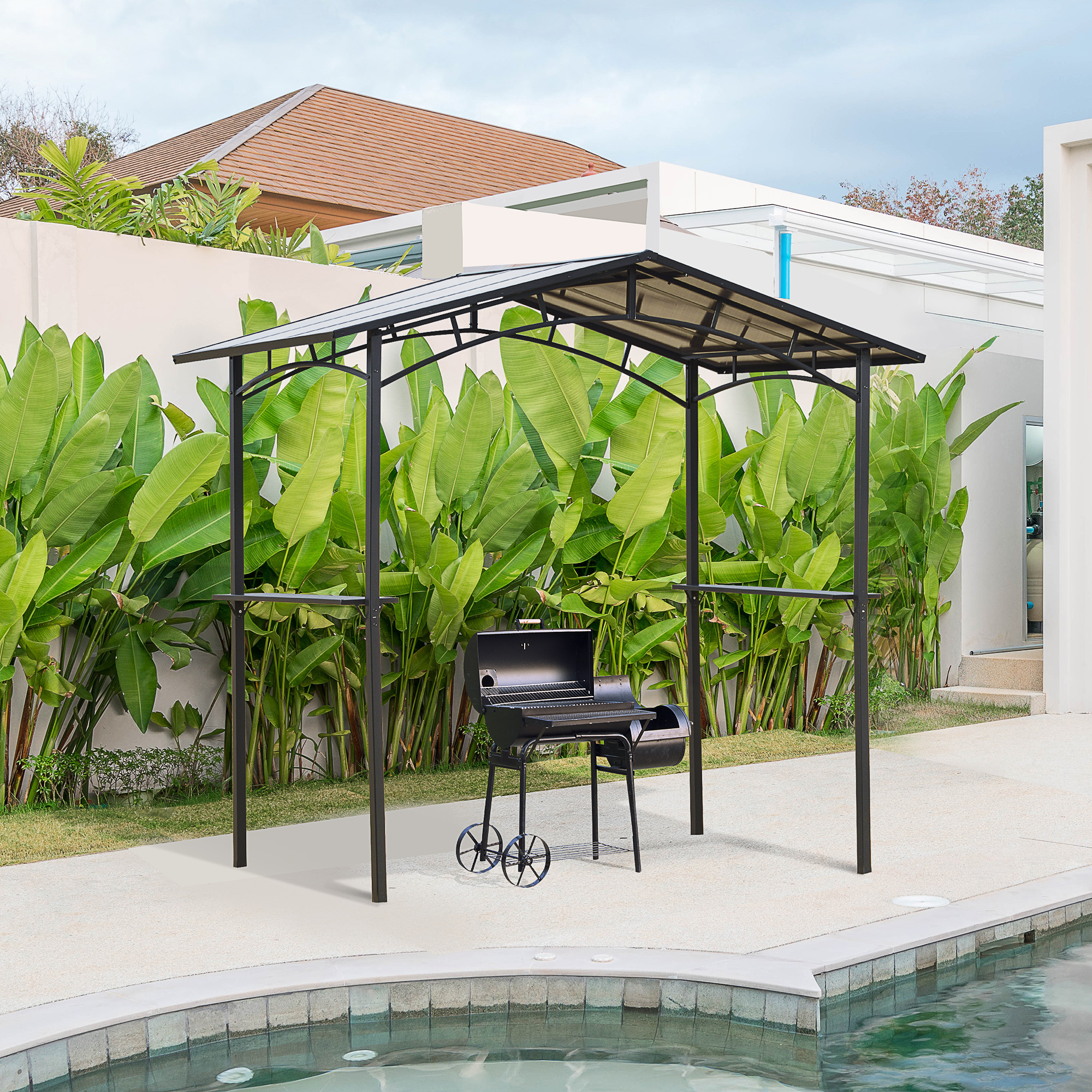 Outsunny Gartenpavillon 2,5 x 1,5 m - Grillunterstand - 2 Seitenshelves - Grilldach - schwarzes Metallpolycarbonatdach