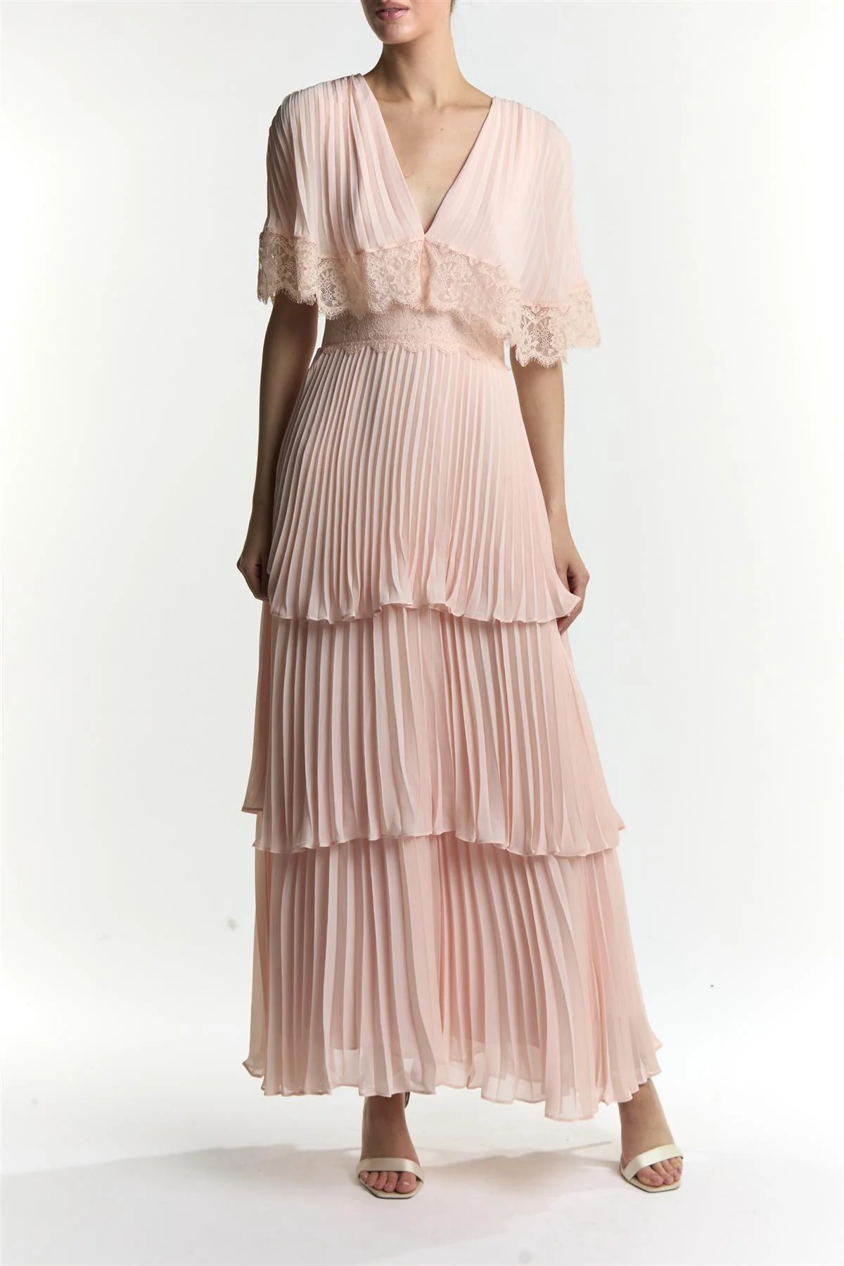 Soft Pink Julie Cape Sleeve Pleated Maxi-Dress