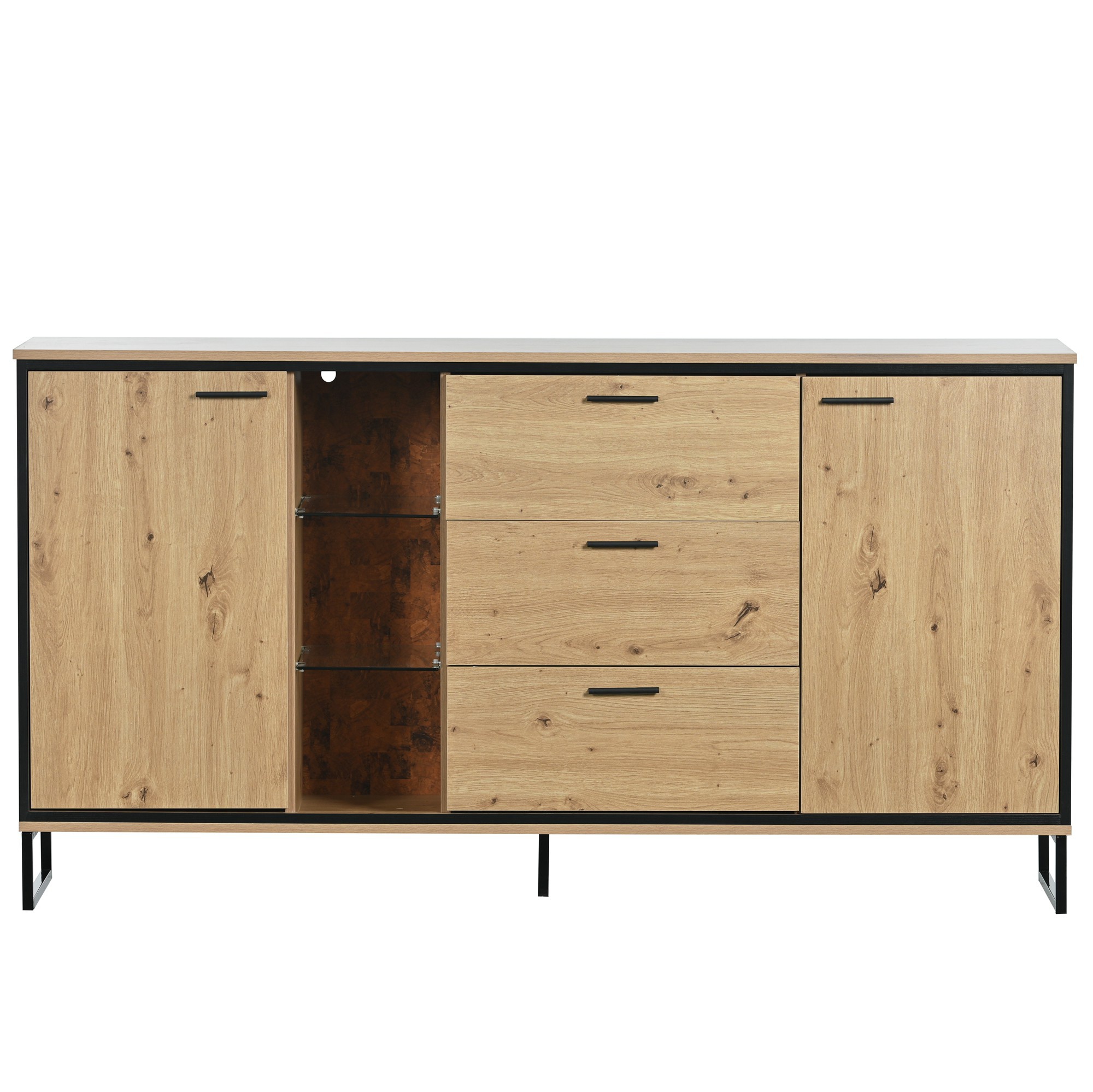 Modernes Sideboard mit 3 Schubladen und 2 Türen, mit LED-Beleuchtung und viel Stauraum,Schwarz und Holzfarbe