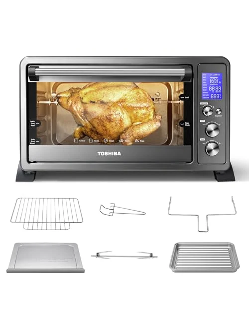 TOSHIBA AC25CEW BS Large 6 Slice Convection Toaster Oven Countertop, 10 In One with Toast, Pizza and Rotisserie, 1500W, Black Stainless Steel, Includes 6 Accessories