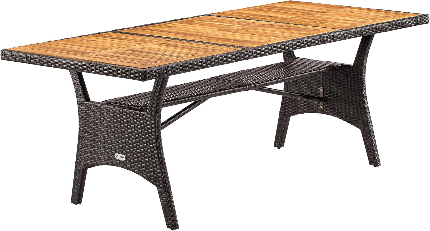 CASARIA Polyrattan Gartentisch mit Ablage FSC- zertifiziertes Akazienholz 190x90 cm Höhenverstellbar Wetterfest Garten Terrasse Esstisch Tisch Braun