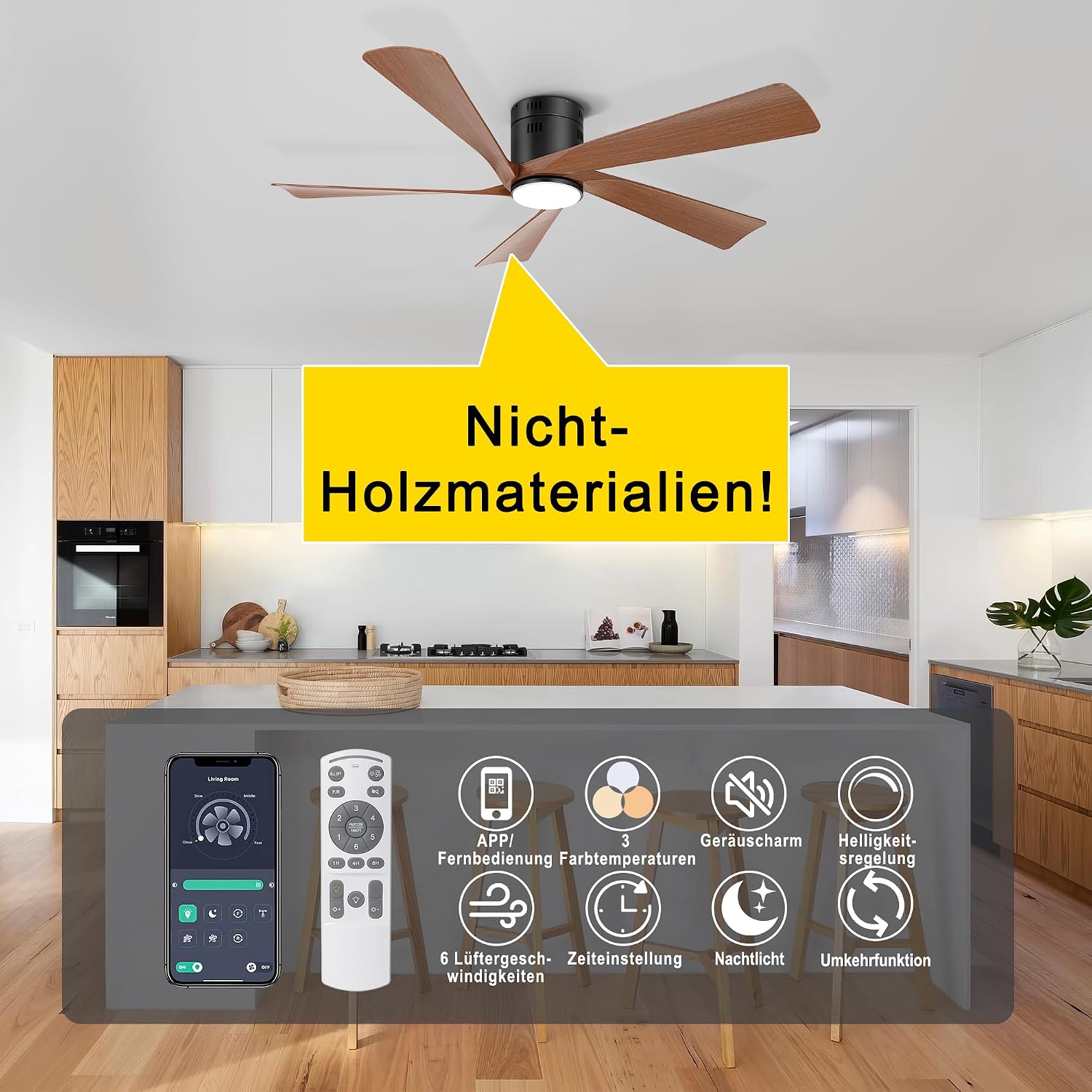 Ohniyou Deckenventilator mit Beleuchtung, 132 cm (52 Zoll), Fernbedienung und App-Steuerung, Deckenventilator für den Außenbereich, Terrasse, Wohnzimmer, Dimmbar, Leiser DC-Motor, Walnuss
