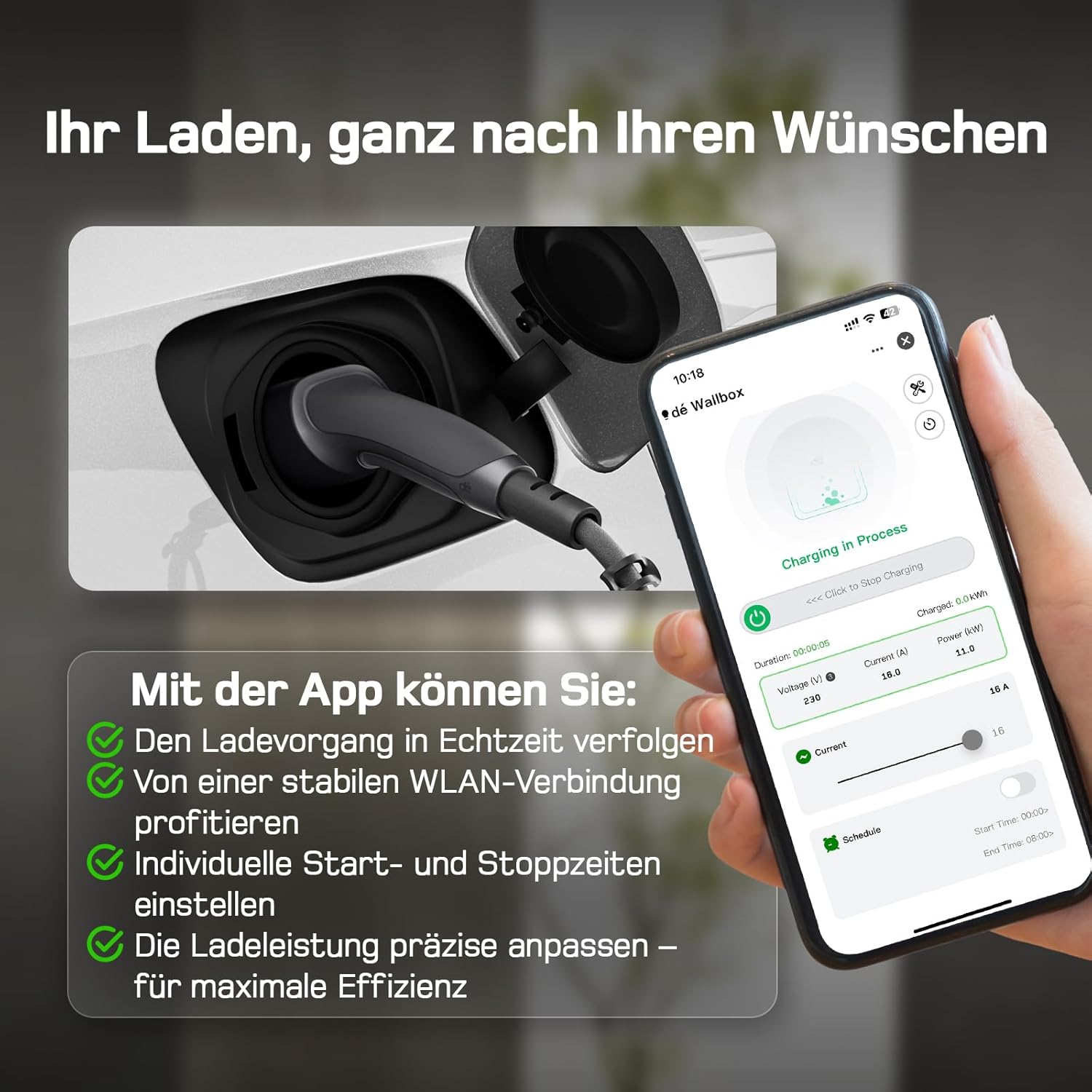 dé Mobile Wallbox 11kW mit APP 7 m | 3-phasig | 6–16 A], mit Traveller Set, CEE-16A 400V auf Typ 2 mit Einstellbarer Ladeleistung, EV-Charger für ID.3/4/5/7, IX1, Model 3/Y und andere BEV/PHEV