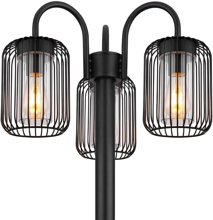 LED Stehlampe Laterne Außenlampe Retro Wegeleuchte Edelstahl Terrassenlampe wetterfest Gartenleuchte, Metallstäbe, schwarz, 3x E27 LED warmweiß, DxH 48,5x180 cm