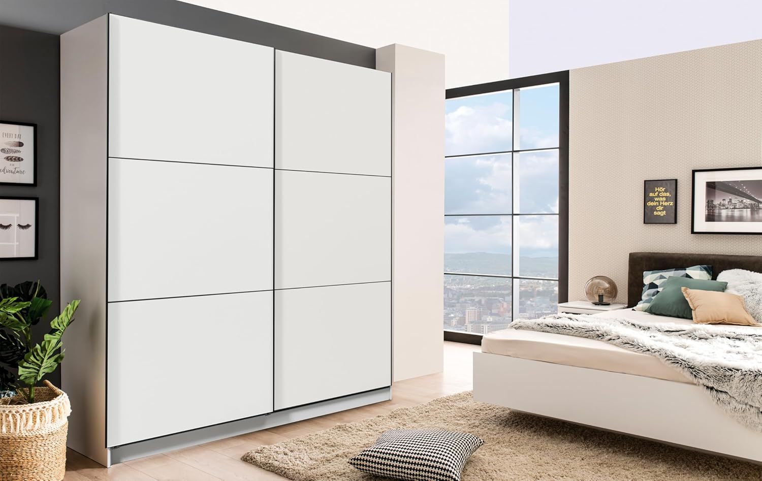 AVANTI TRENDSTORE - Calvello - Wardrobe with sliding doors in laminated wood. Available in two colours. Dimensions: LAP approx. 217 x 210 x 62.5 cm.