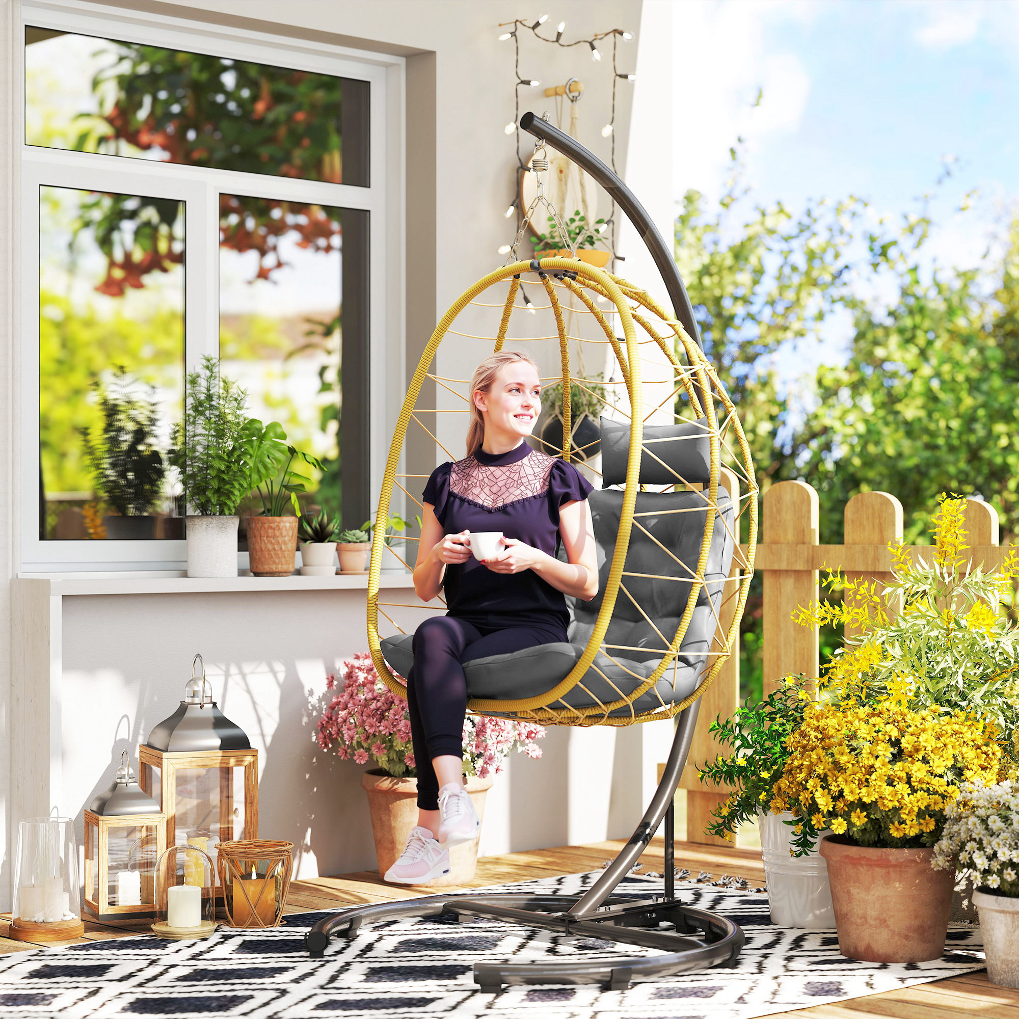 Outsunny Hängesessel mit Kissen, aus Stahl und PE Rattan, 102x102x195 cm, Schwarz Grau und Beige