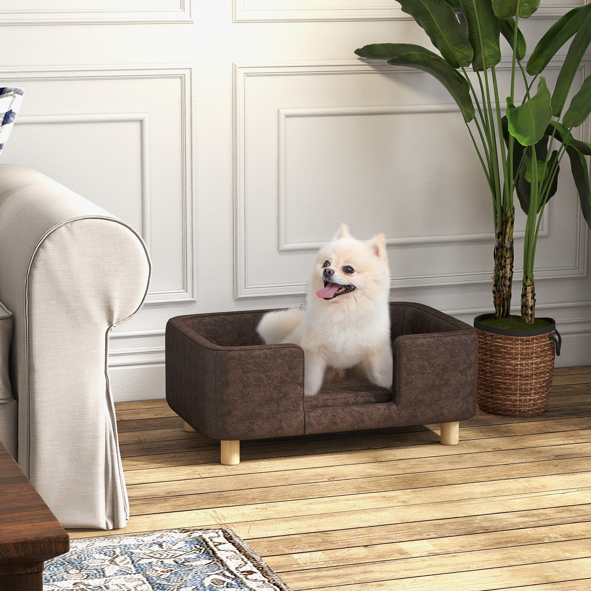 PawHut Hundesofa Hundekissen Katzenbett mit weichem Rand massiven Holzbeinen Gesamtmaße 74 x 48,5 x 31 cm Mikrofaserbezug in Schokolade