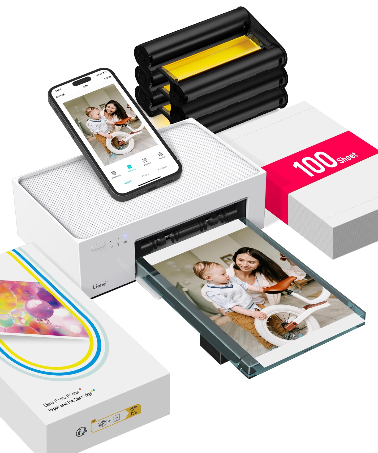Liene Fotodrucker für Smartphone 10x15 cm 100 Blatt Fotopapier und Patrone WiFi für iPhone Android PC 300DPI
