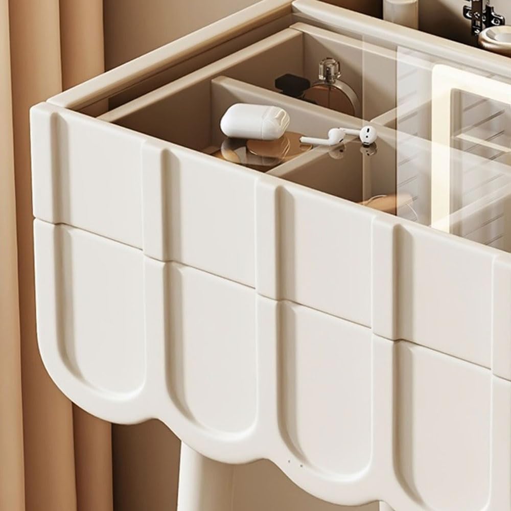 Elegante set da trucco in legno bianco con specchio ribaltabile e sgabello, scrivania salvaspazio e mobili per camera da letto, per trucco e prodotti di bellezza essenziali