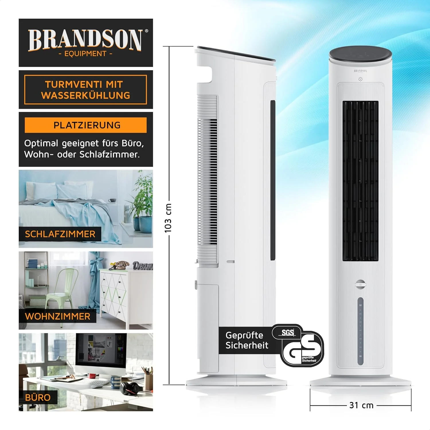 Brandson - Torenventilator met waterkoeling - Winnaar 2025 - Verdampingskoeler - Luchtkoeler - Ventilator - mobiele airconditioning zonder afvoerslang - 5-in-1 - stil - 4,6 L watertank - wit