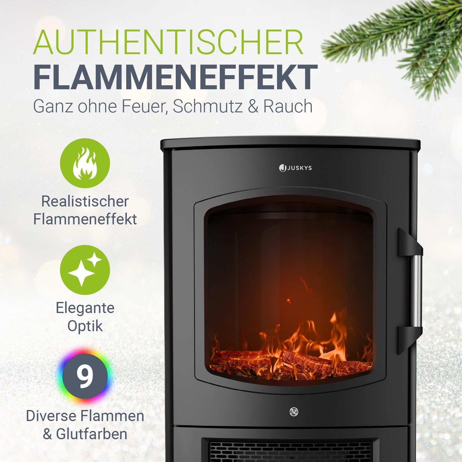 Elektrokamin 1800 W schwarz, freistehender Standkamin mit LED-Flammeneffekt, WLAN- und App-Steuerung sowie Fernbedienung