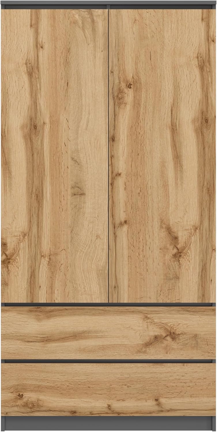 Large Wardrobe with 2 Doors, 2 Drawers, 4 Shelves & Clothes Hanger, Multi-Purpose Wardrobe, 180 x 90 x 50.5 cm (Graphite/Wotan Oak)