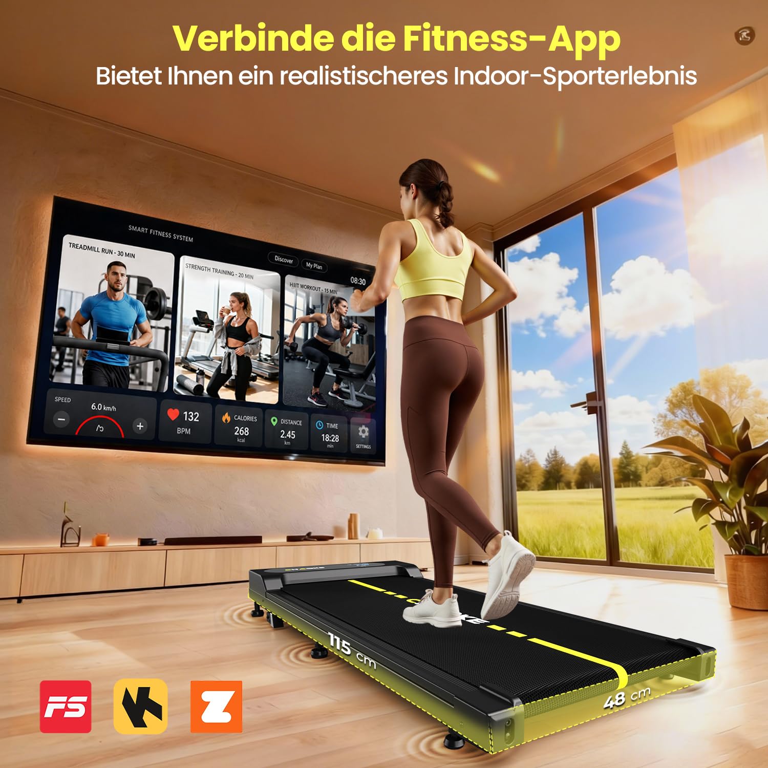 Walking Pad mit 9% Steigung, 1-10 km/h Laufband für Zuhause mit APP und Lautsprecher, 2,75 PS leises Schreibtisch Laufband