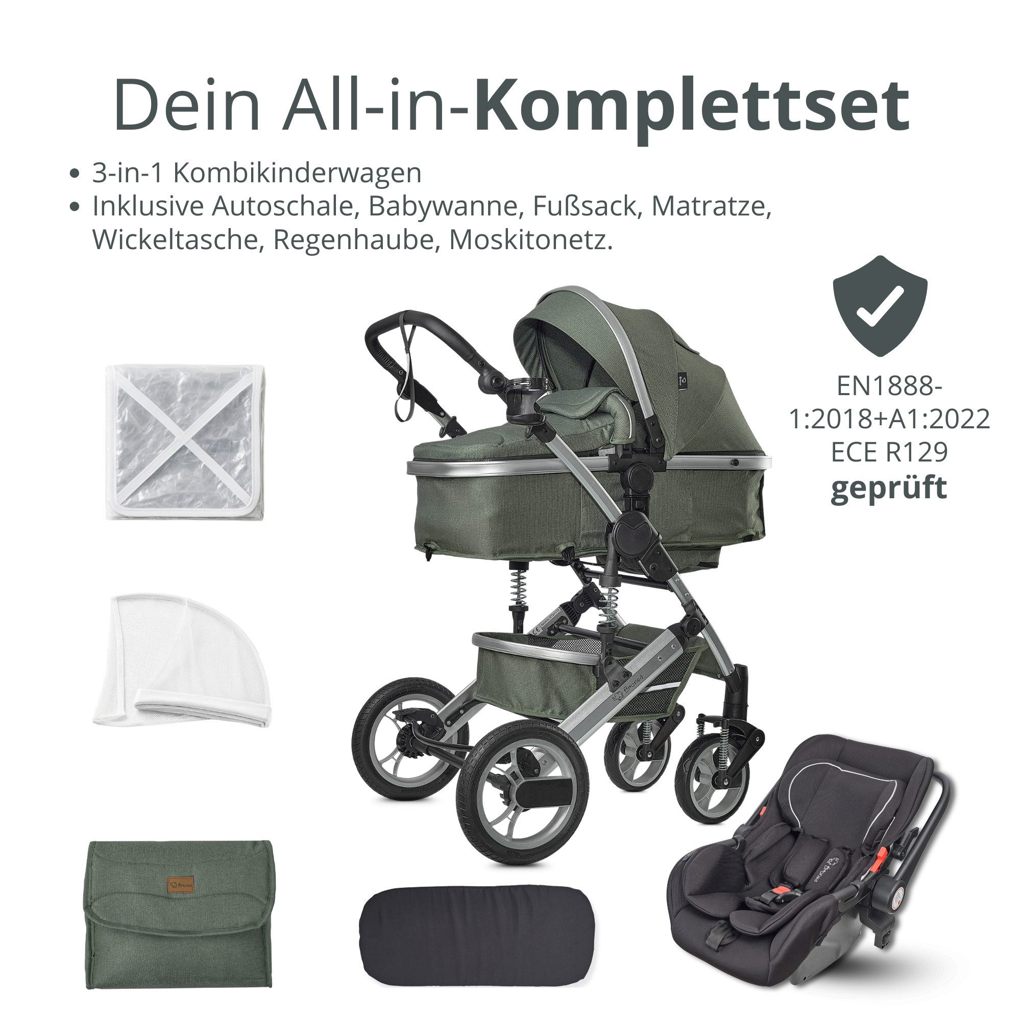 Kombi-Kinderwagen EXQUISE 2.0 Kinderwagen 3-in-1 GRÜN/SILBER mit BUGGY, AUTO-BABYSCHALE