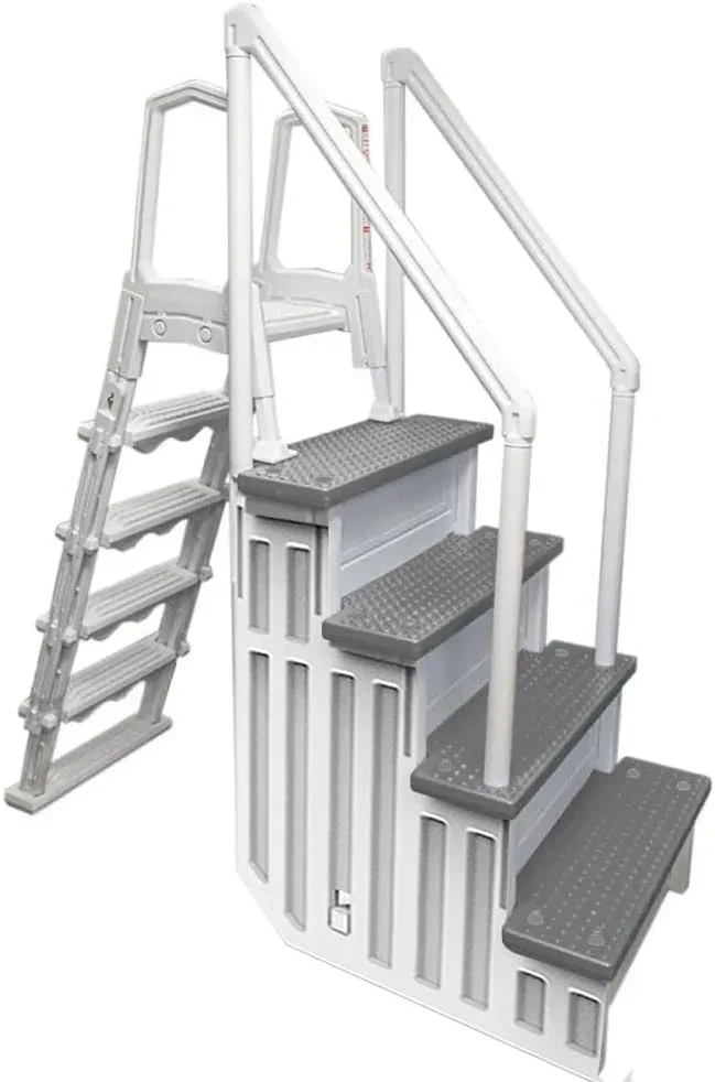 Non-slip entry steps for pools | Grey | For above-ground pools | Can be installed on terraces with a height of 122 to 137 cm | Load capacity up to 136 kg