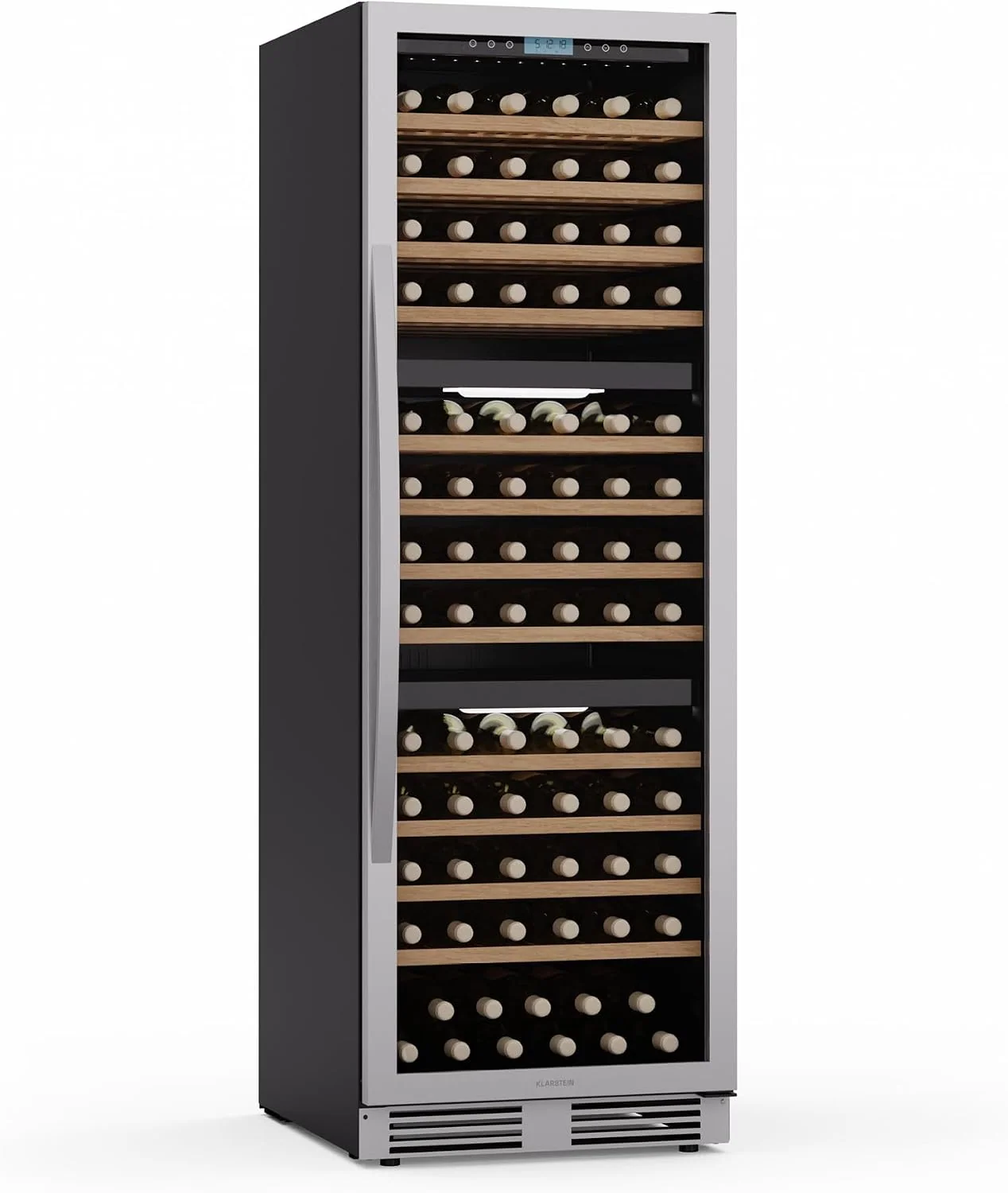Klarstein Vinovilla Trio Weinkühlschrank, 5–20°C, 144 Flaschen, 3 Zonen, LED-Beleuchtung, UV-Schutz, freistehend, Weinklimaschrank