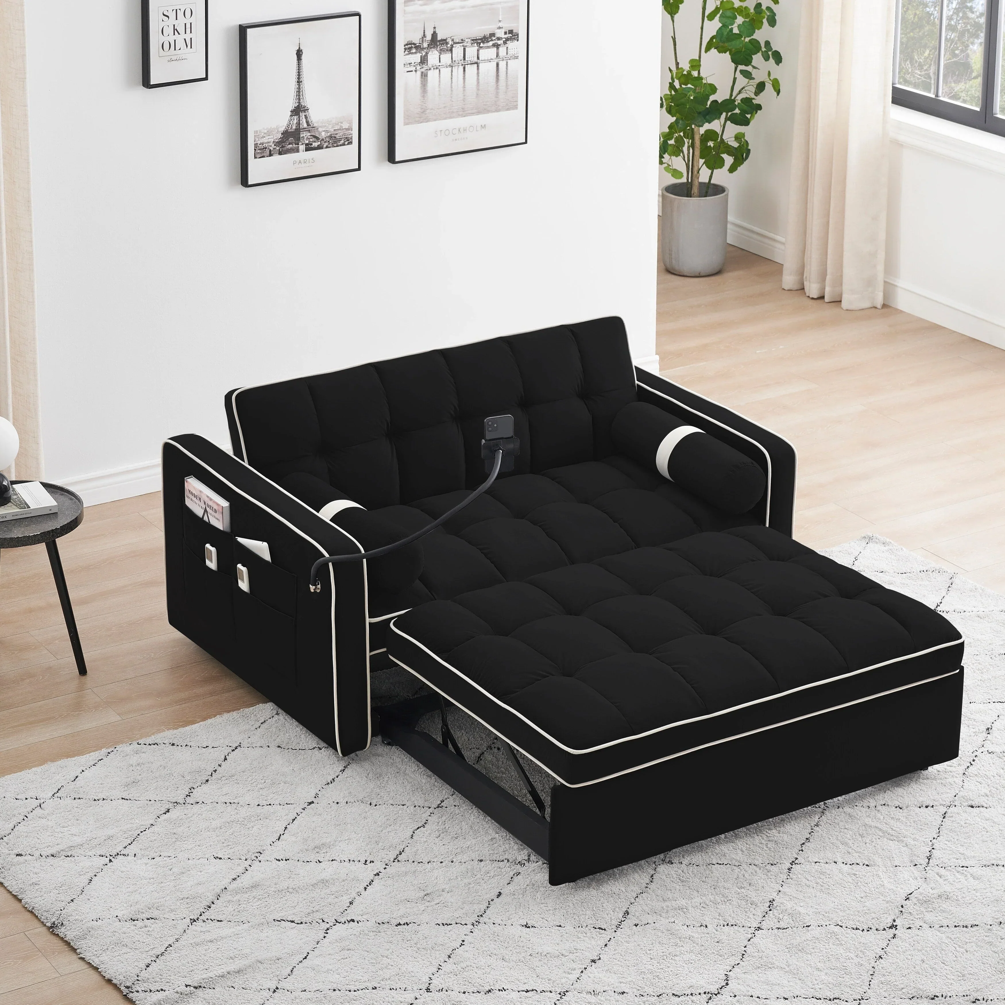 Velvet Convertible 55'' 2-Seater Sleeper Sofa with Pull-Out Bed, Adjustable Recline, Side Pockets, and Phone Holder