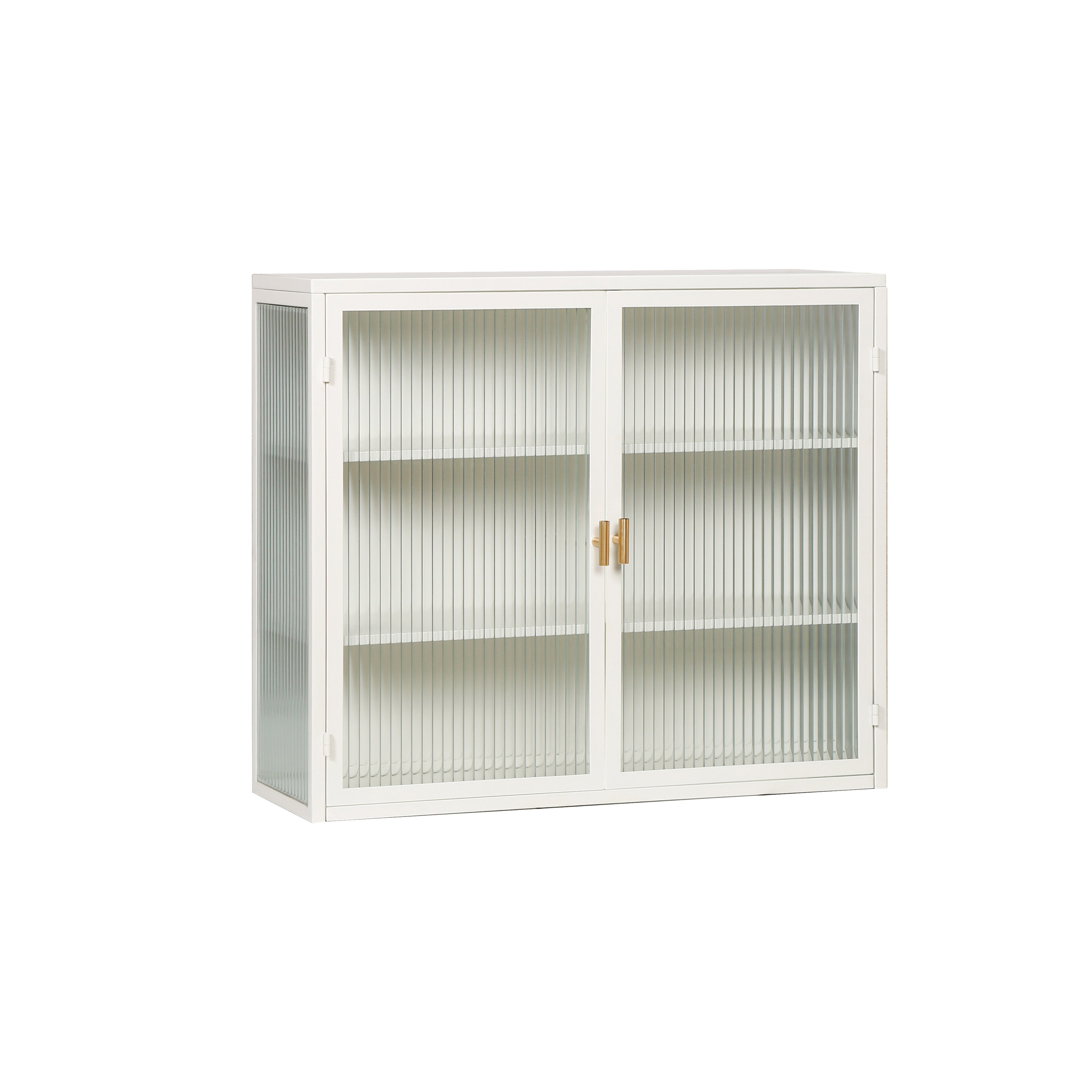 Moderne Wandschrank mit zwei Türen, Glaseinsatz und dreistufigen Regalen für Flur, Wohnzimmer, Badezimmer, Esszimmer, Antikweiß