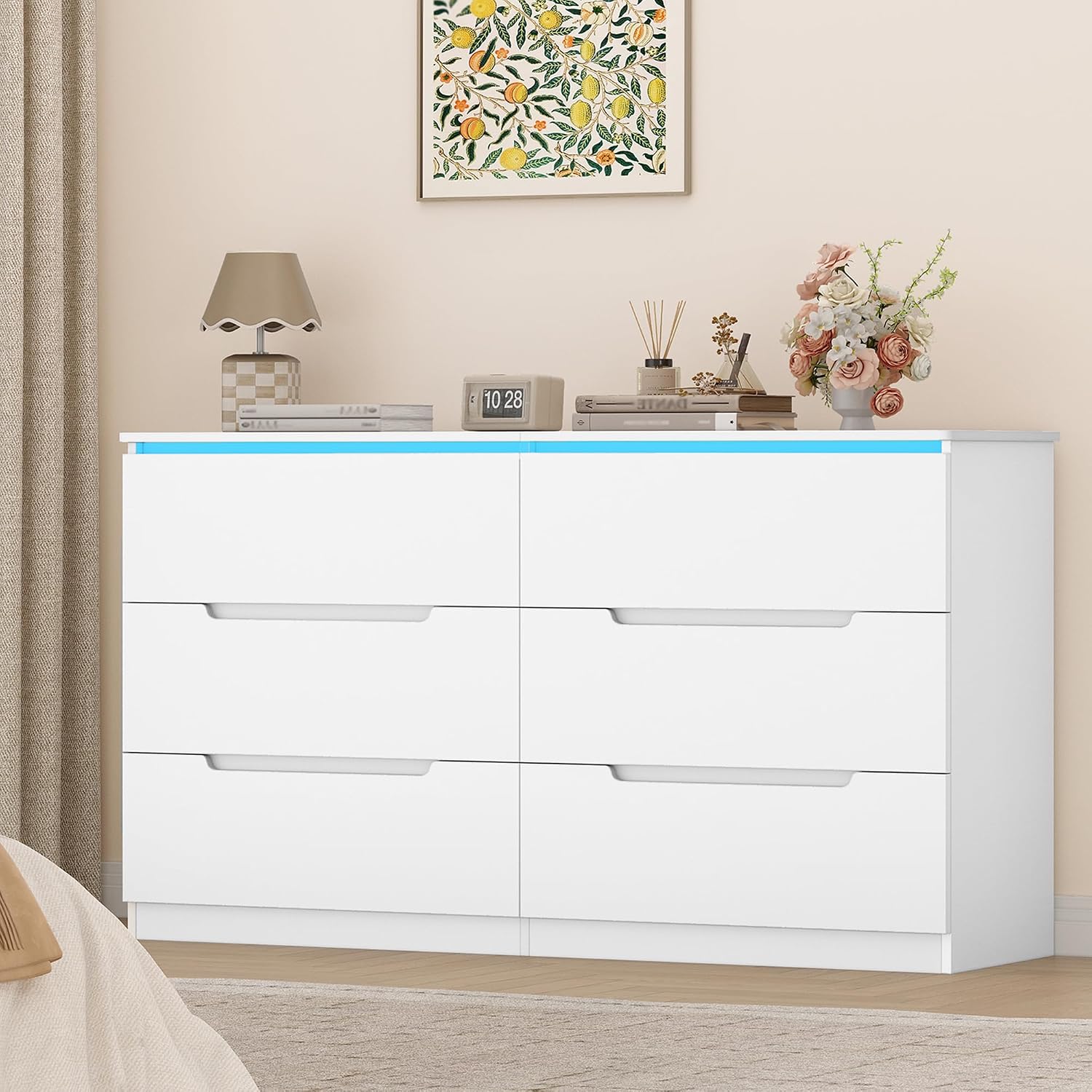 Hzuaneri Kommode mit LED-Beleuchtung, 40 x 140 x 80 cm, 6 Schubladen, Weiß
