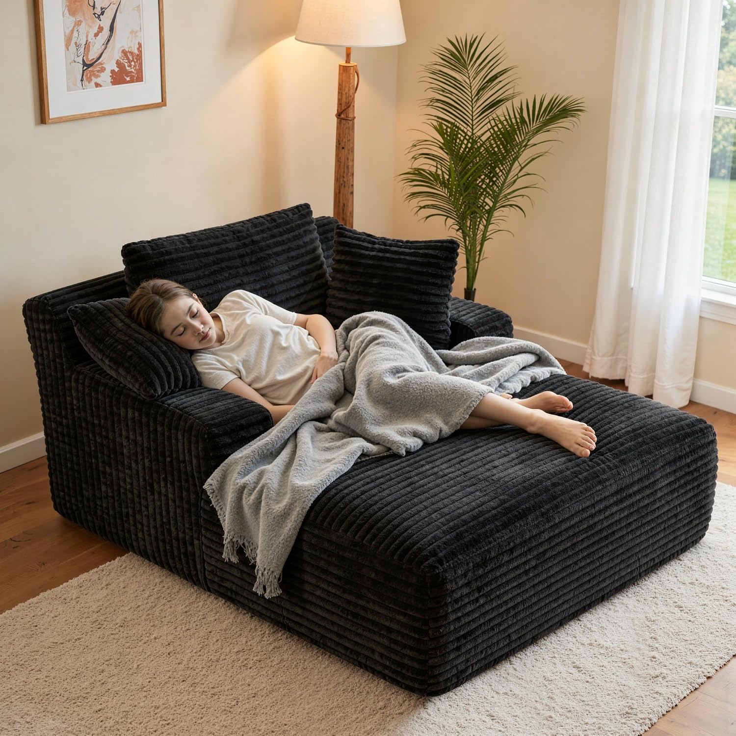 Aivermeil Sofa, Schwarz, Boneless Couch Modernes Cord Boden mit Schlaffunktion, Cloud mit Chaiselongue, 3 Kissen