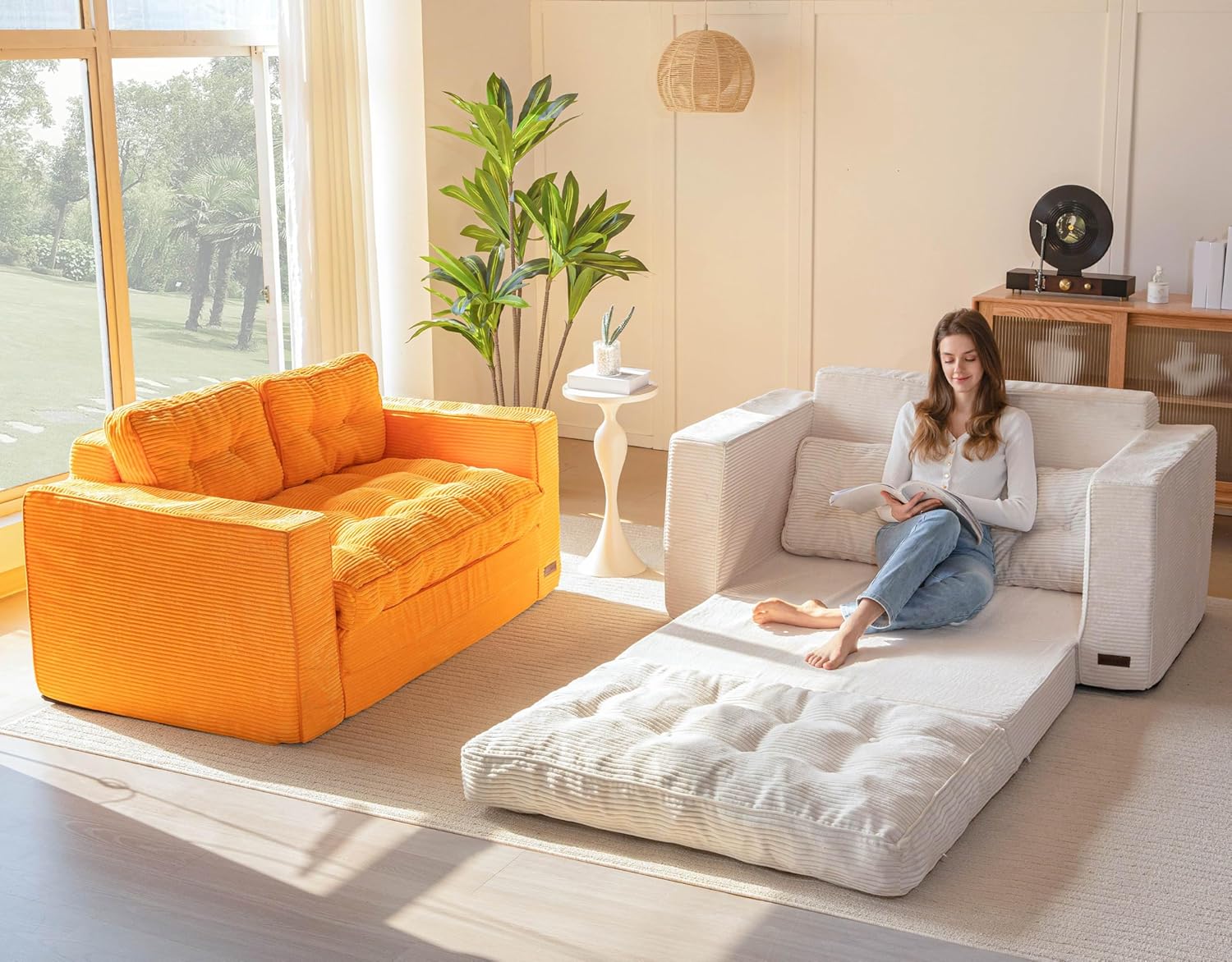 Convertible sofa bed, pull-out double rest sofa, two-in-one folding sofa bed for living room and bedroom, adult padded lounge chair, beige model