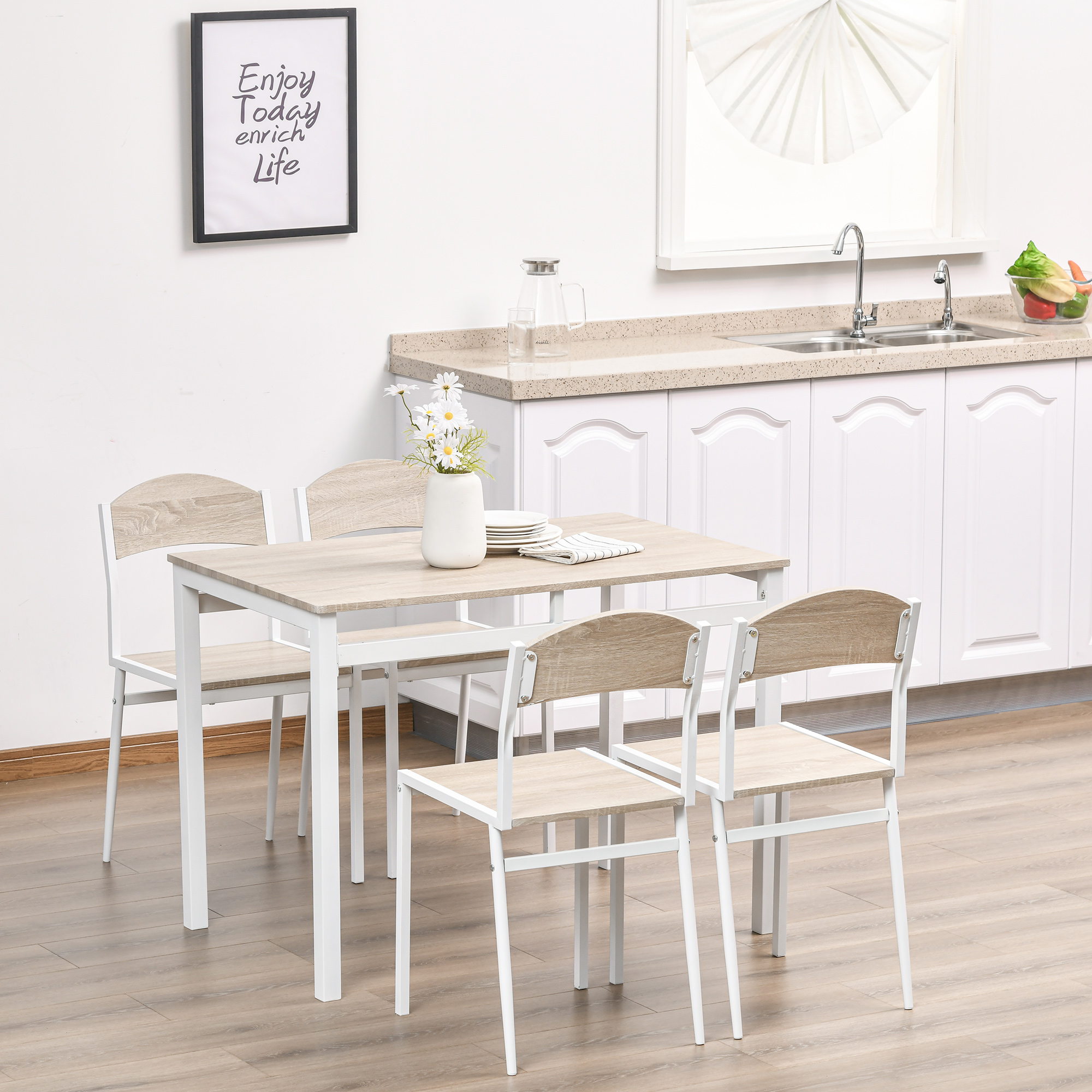 HOMCOM 5-teilige Essgruppe Esstisch mit 4 Stühlen Platzsparend Küchentisch-Set Sitzgruppe für Esszimmer, Küche, Grau+Weiß
