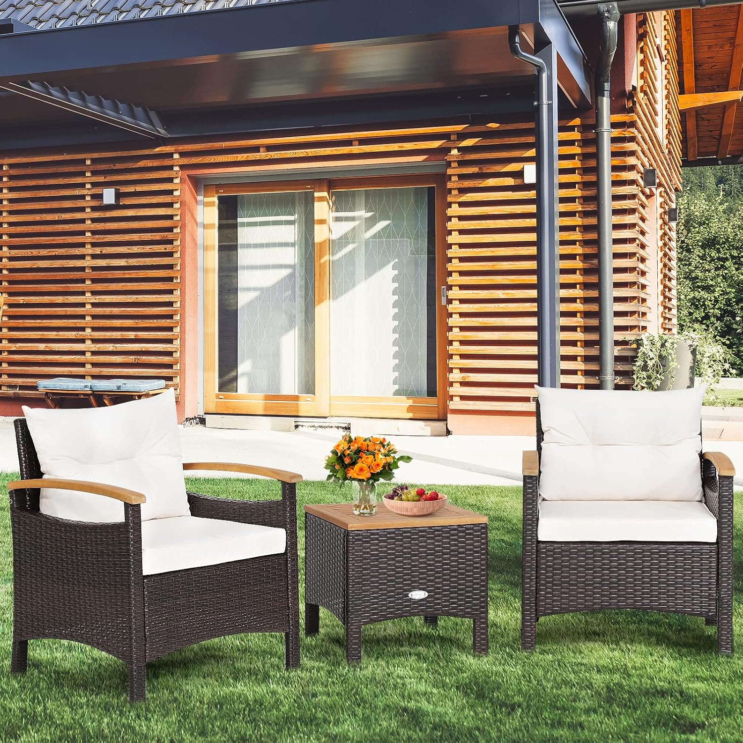 GIANTEX 3 Piece Furniture Set, Outdoor Rattan Bistro Set with Coffee Table, Soft Cushions, Acacia Wood Conversation Set for Patio, Backyard, Poolside, Off White