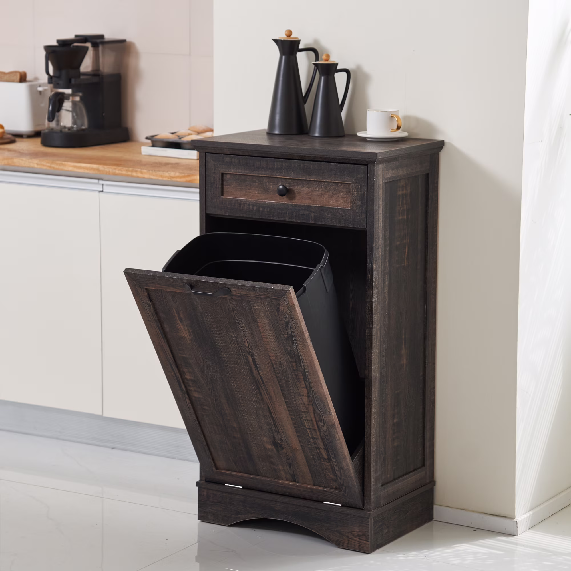 HARIPUL Single Tilt Out Trash Cabinet for 13 Gallon Waste Bin, Free Standing Kitchen Trash Can Cabinet with Drawers, White