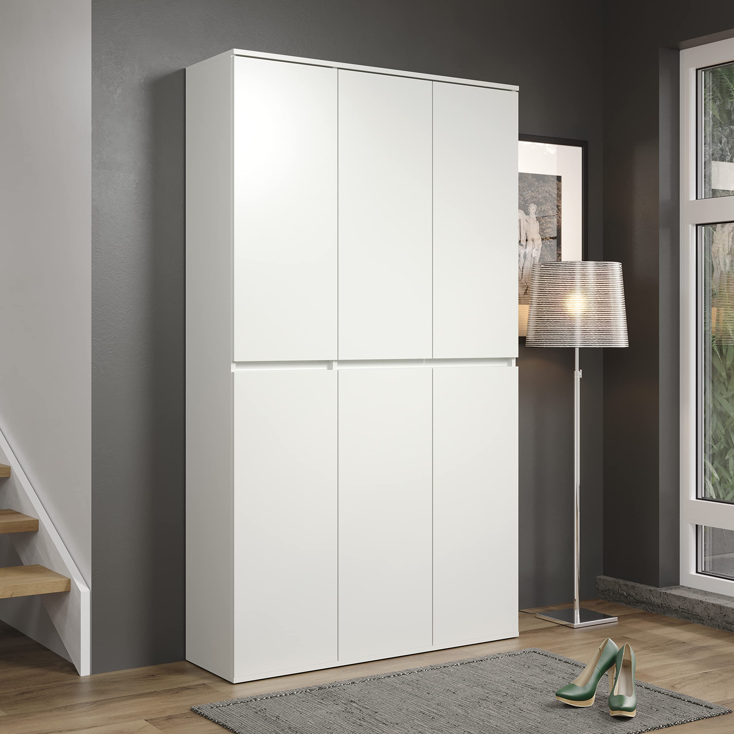 trendteam Nevada Mehrzweckschrank Weiß 6 Türen 12 Einlegeböden 1 Kleiderstange grifflose Türen 111x191x34 cm