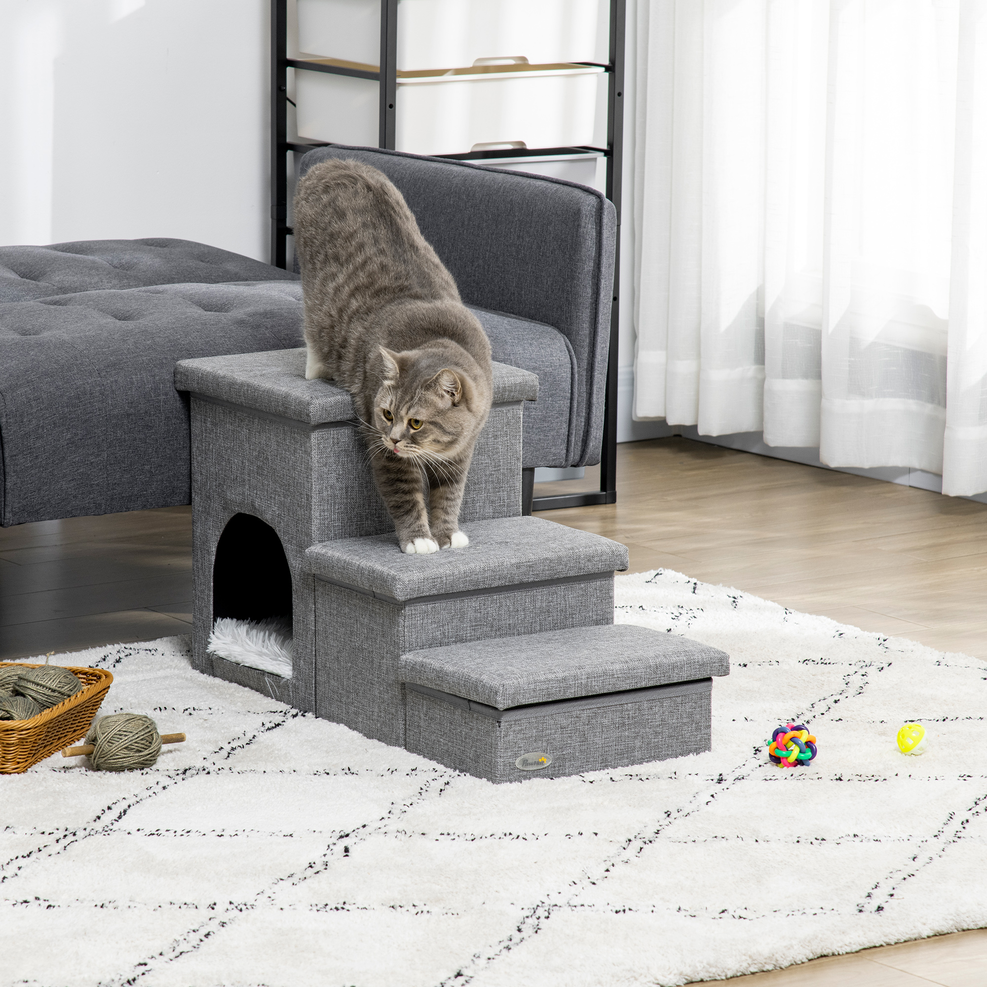 PawHut Haustiertreppe mit Haustierbett, inkl. versteckter Stauraum, 73,5 cm x 33 cm x 40,5 cm, Hellgrau