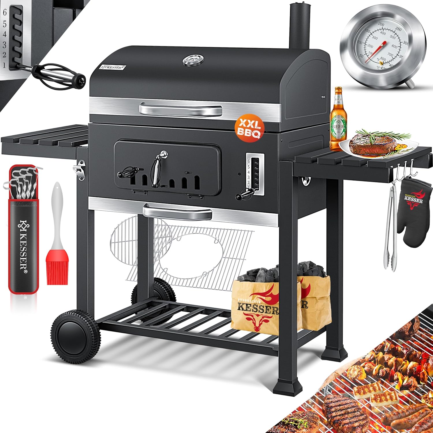 KESSER® Barbecue con Carrello XXL Barbecue a carbonella con Coperchio, Ruote, Manico in Acciaio Inox, griglia e termometro a carbonella,Grande Barbecue a carbonella Barbecue da Campeggio