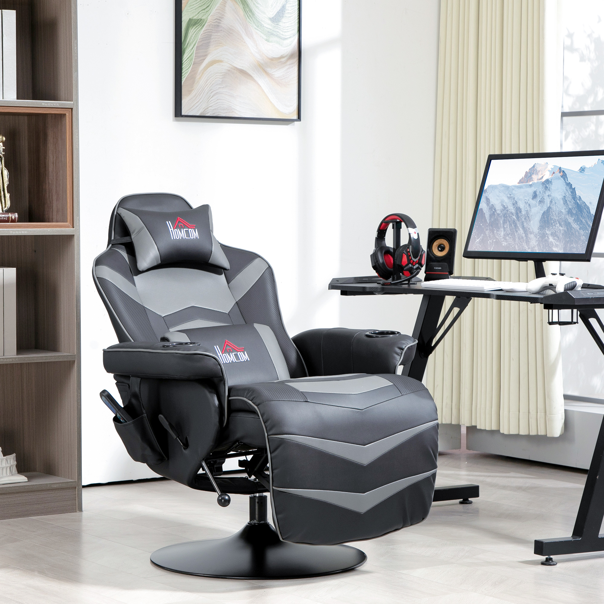 HOMCOM Gamingsessel, Massagefunktion, neigbare Lehne, Fußstütze, bis 120 kg, Stahlrahmen, Kunstleder, Grau