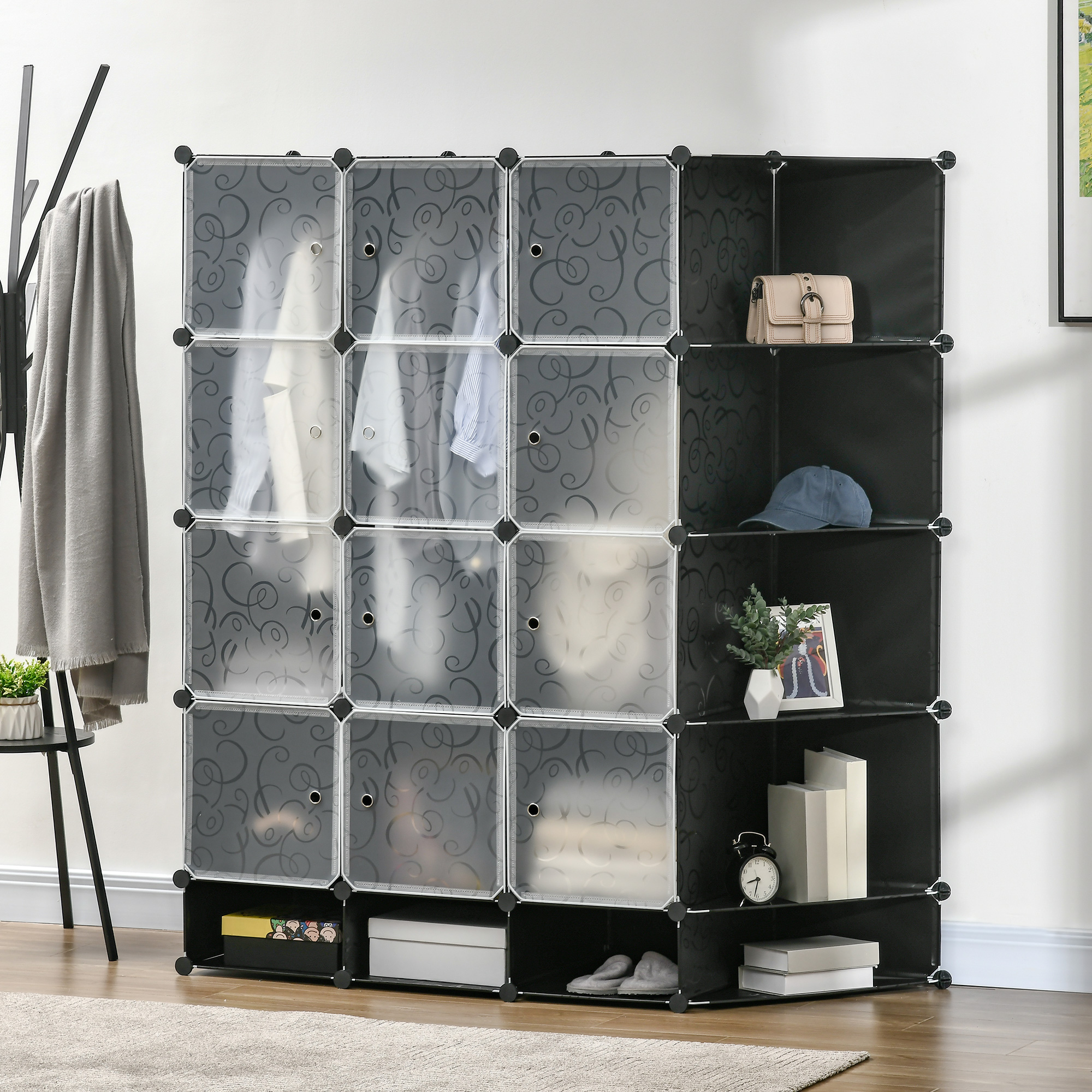 HOMCOM Modularer Aufbewahrungsschrank, Kleiderschrank, 16 Fächer, Kunststoff, Stahl