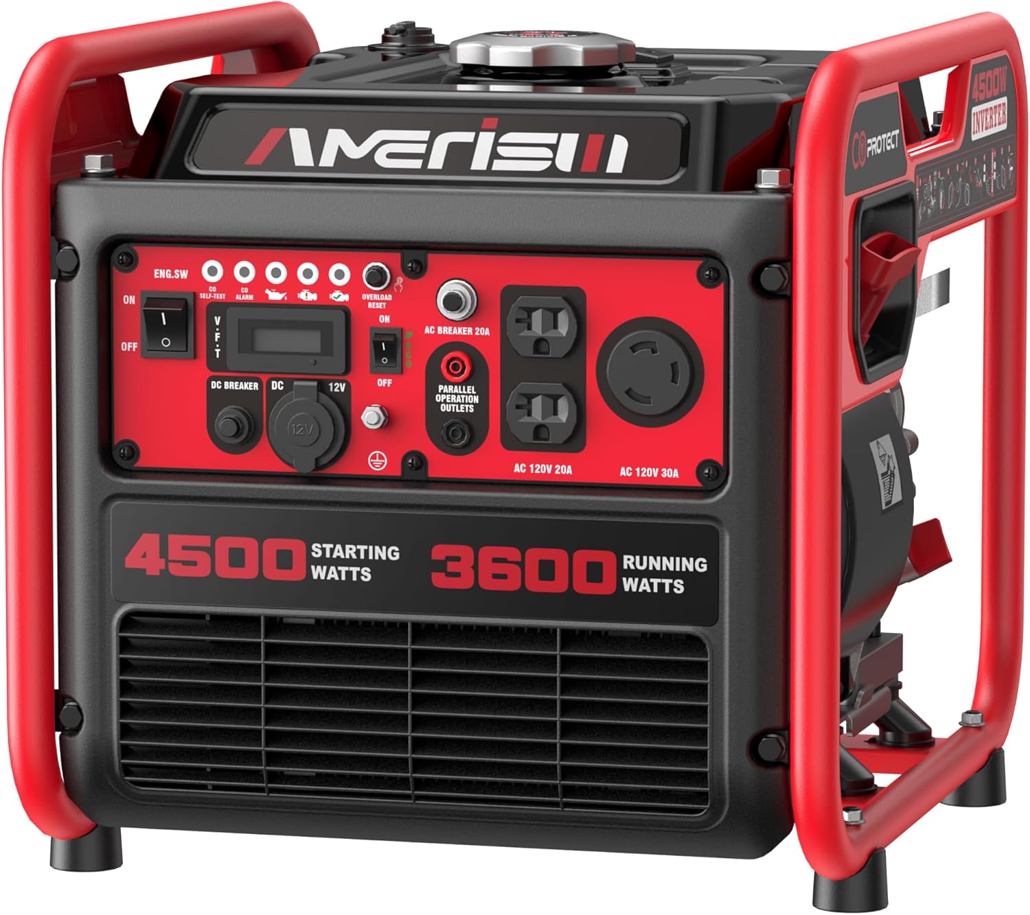 4500W Inverter Generator  Gas Powered 223cc 4-Stroke Engine CO Sensor & Parallel Ready  Quiet RV Generator with Eco Mode  120V 30A RV Outlet for Home Backup  Camping & Outdoor Power