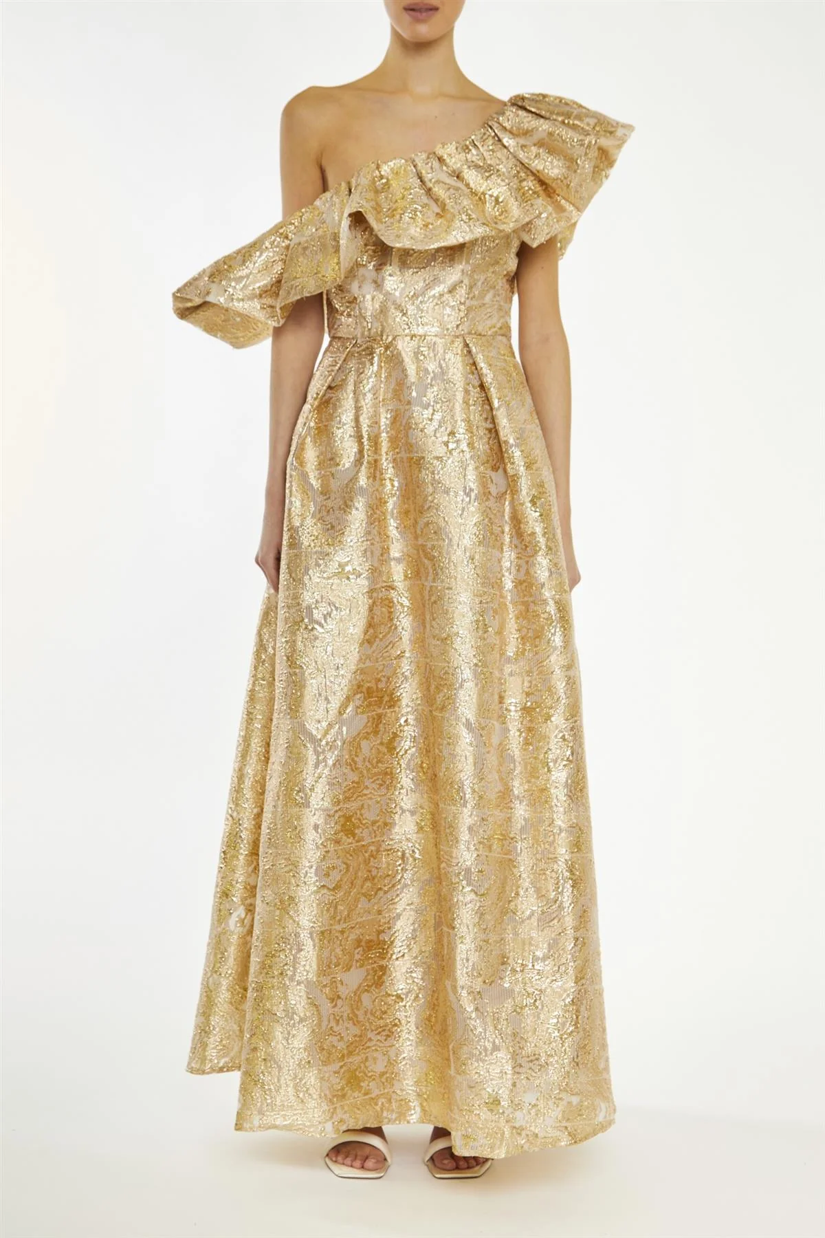 Blake Gold Translucent-Jacquard Puff One Shoulder Maxi-Dress