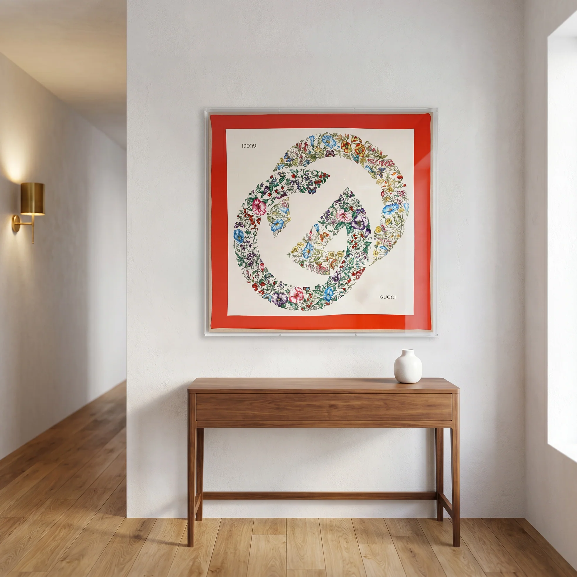Framed Gucci Floral Red Border Scarf in a 36x36x2 Shadowbox
